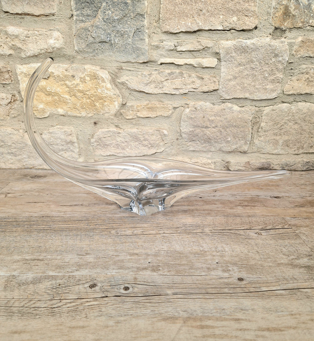 Vintage Art Vannes France Signed Lead Crystal Centerpiece | 1950s Mid Century Modern Biomorphic Freeform Sculptural Glass Bowl