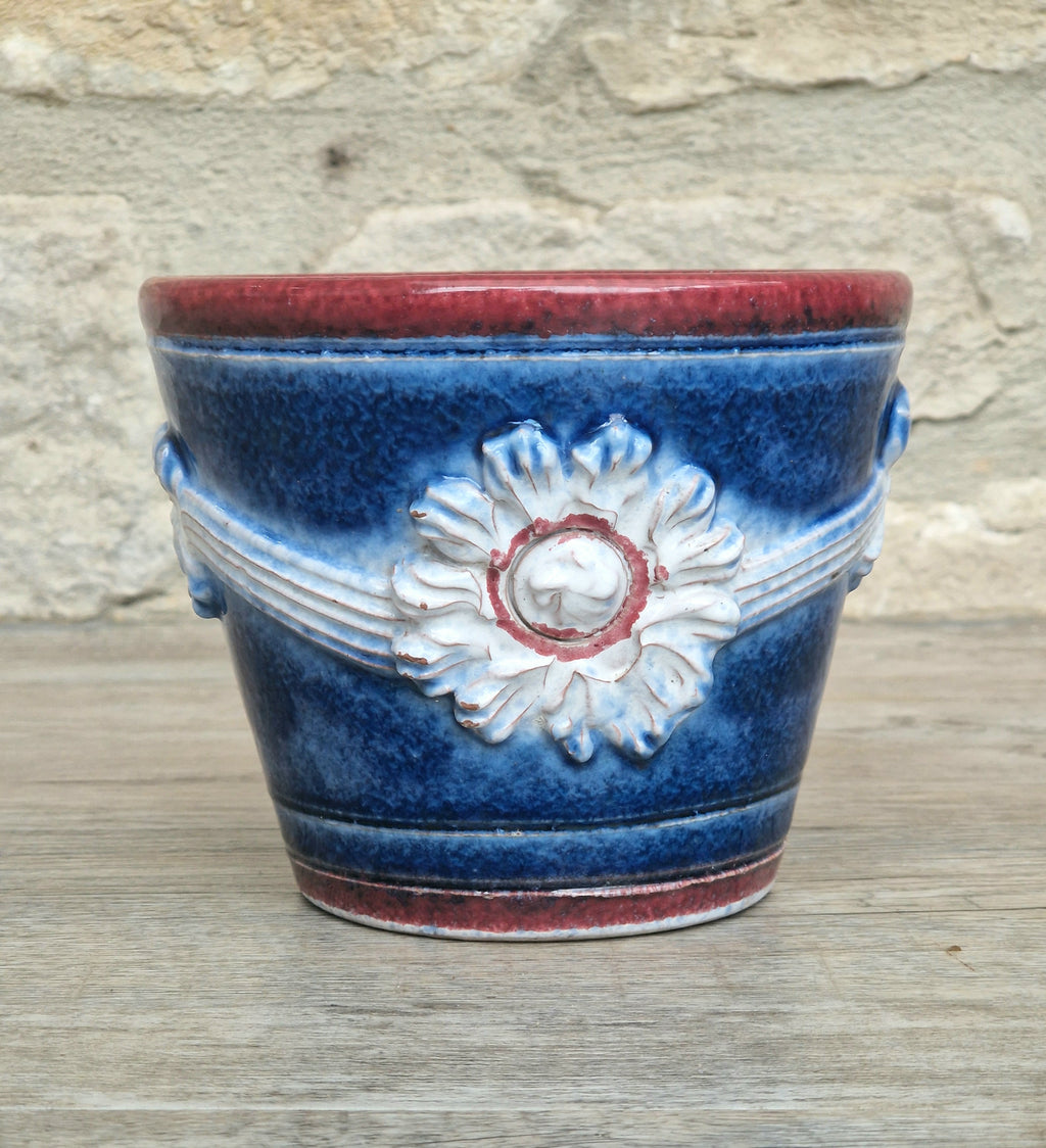 Italian Majolica Ceramic Blue & Red Floral Planter Vase Vintage