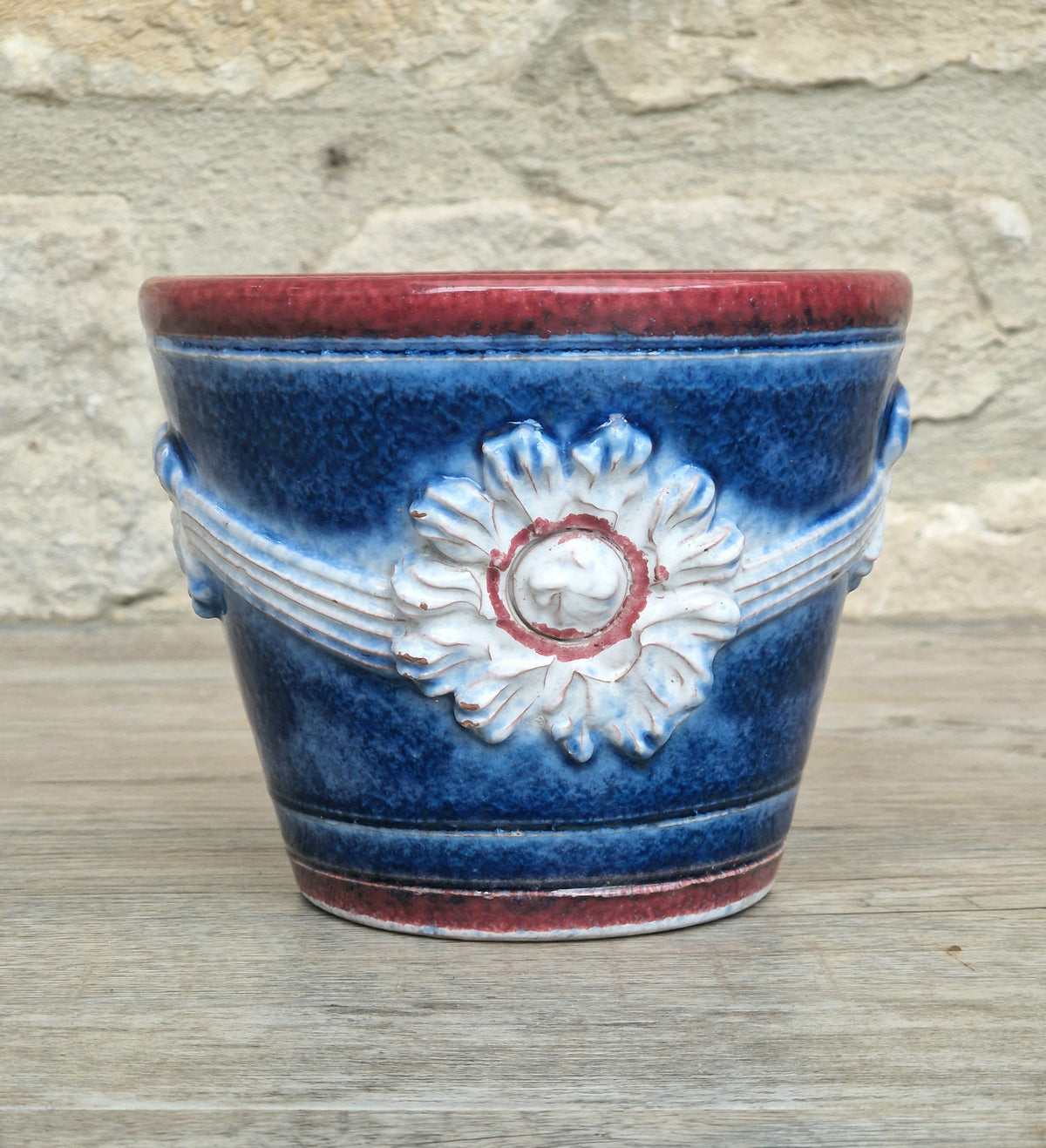 Italian Majolica Ceramic Blue & Red Floral Planter Vase Vintage