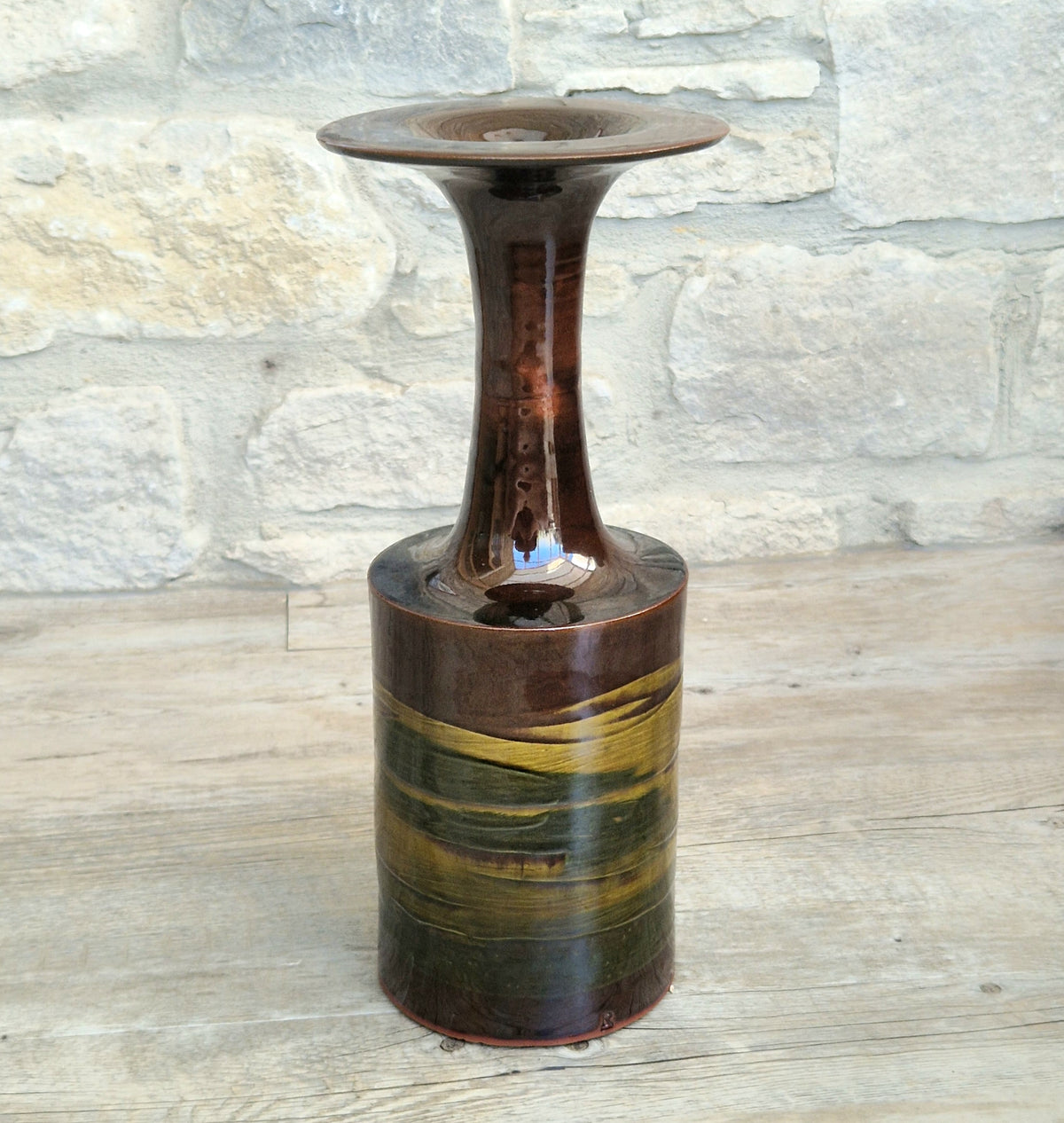 Vintage 1970s Studio Pottery Chalice Vase 32.5cm Terracotta Mid Century Modern Art Glaze
