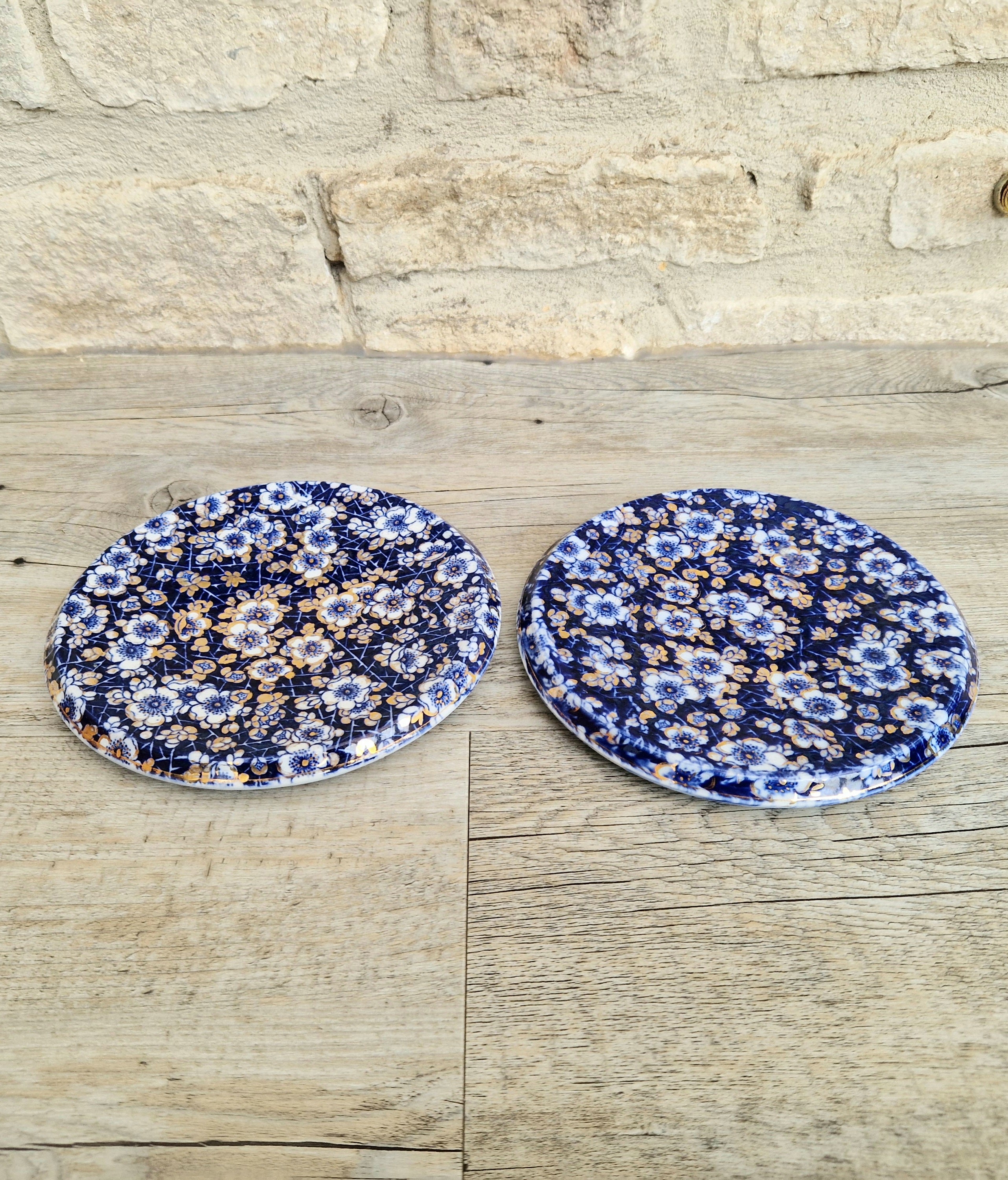 Pair of Rare Antique Trivets Gilt Blue & White Hawthorn Pattern Round Stoneware Trivets 17cm