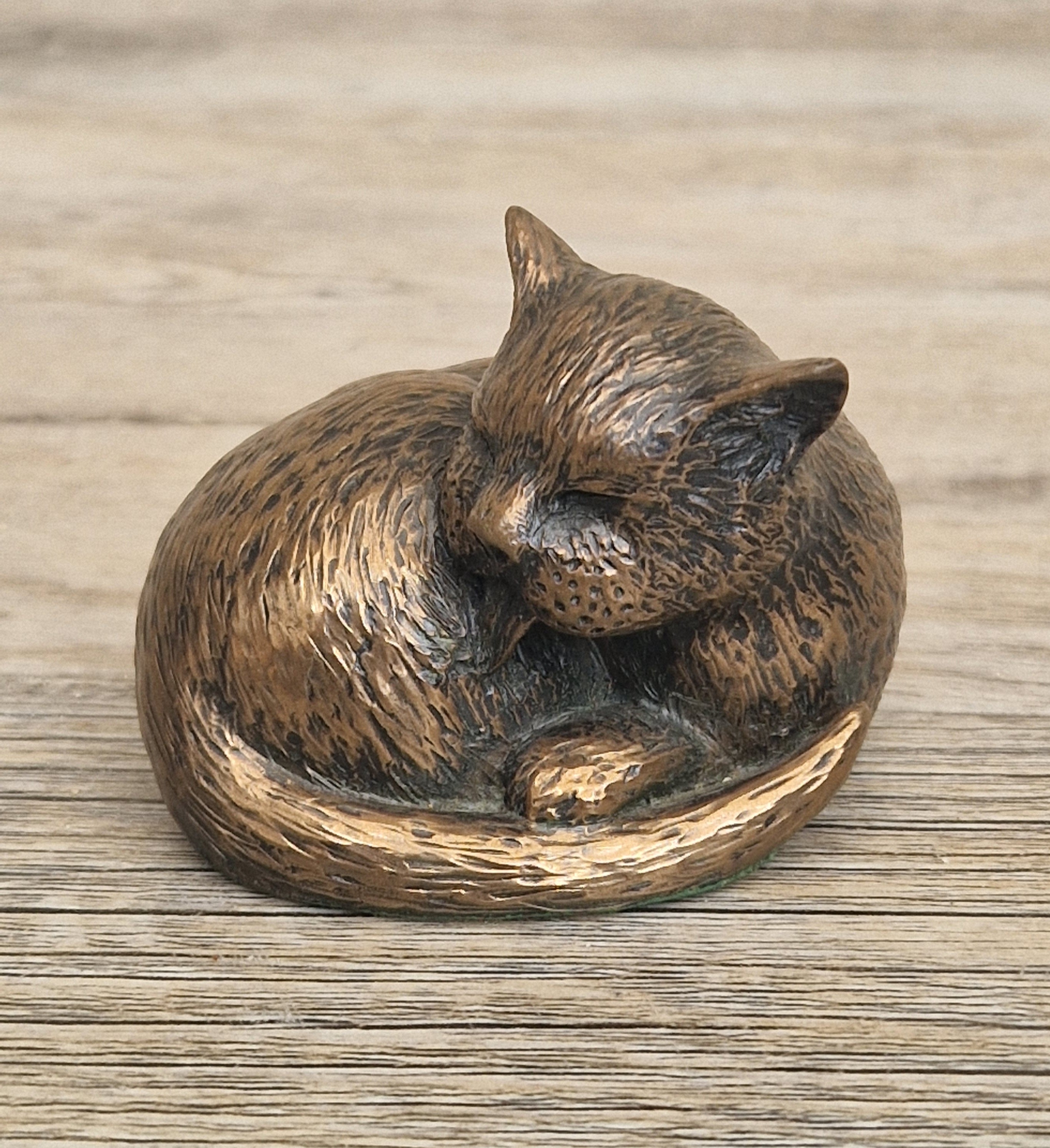 Cat Cold Cast Bronze Resin Curled Licking Figure Vintage Ornament