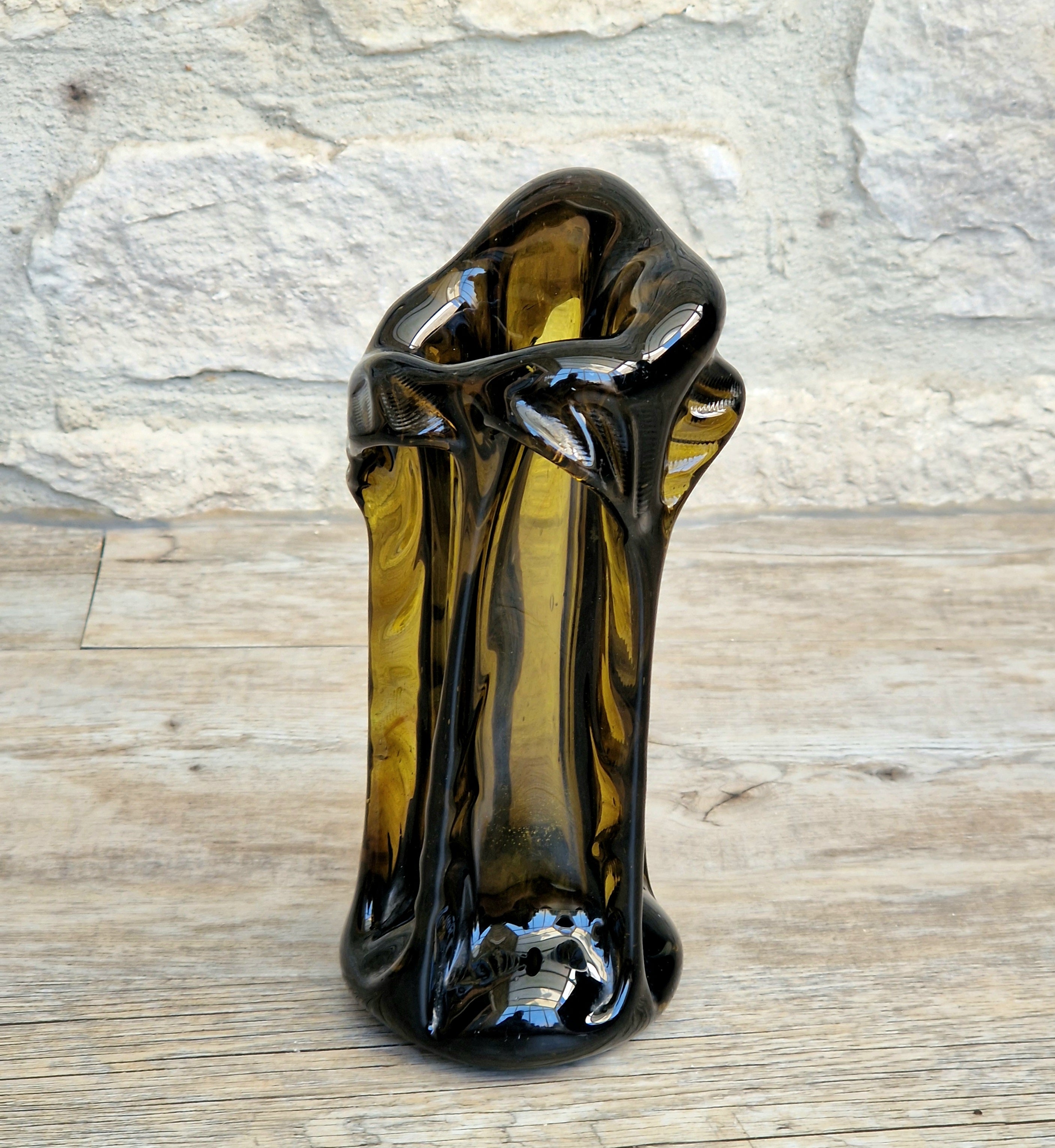 Vintage 1970s Polish Wołomin Hand Blown Smoked Amber Art Glass Pulled Freeform Ribbed Vase Rare Piece
