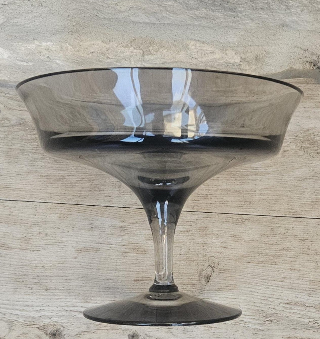 Midcentury Small Glass Compote Tazza By Wedgwood Smoky Glass Made in England Stamped