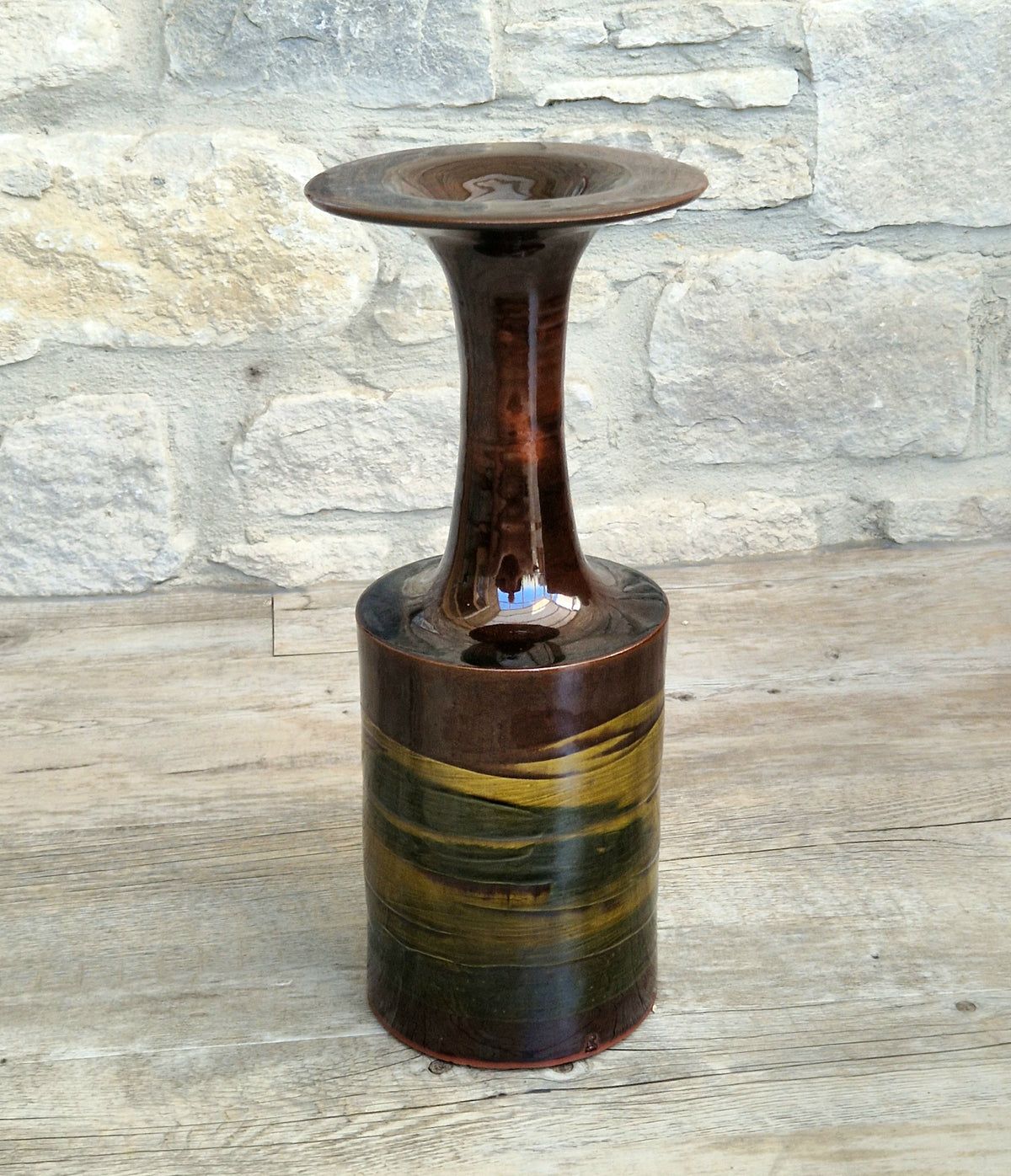 Vintage 1970s Studio Pottery Chalice Vase 32.5cm Terracotta Mid Century Modern Art Glaze