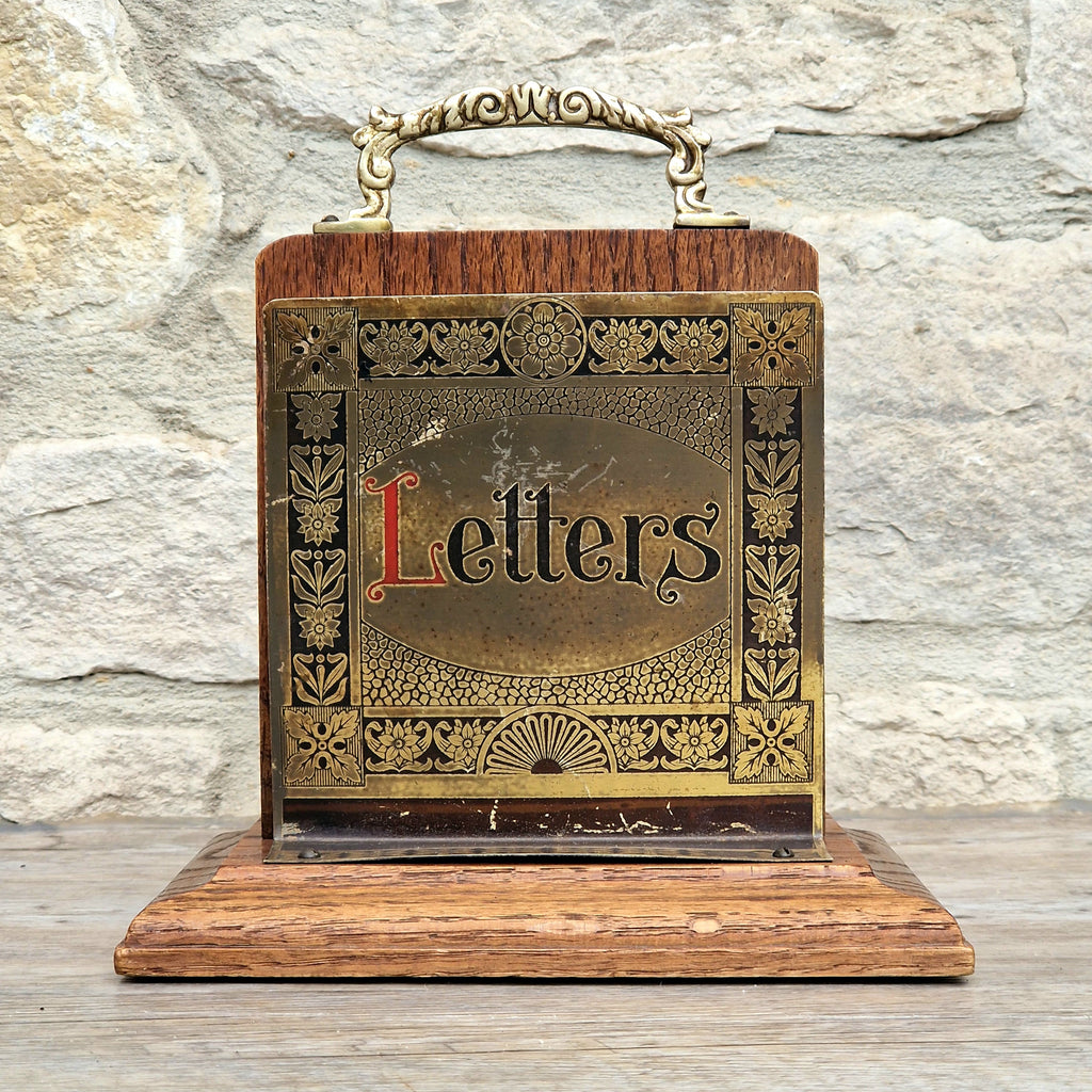 Antique Arts & Crafts Brass And Quarter Sawn Oak Gentleman's Handled Double Letter Rack Stand