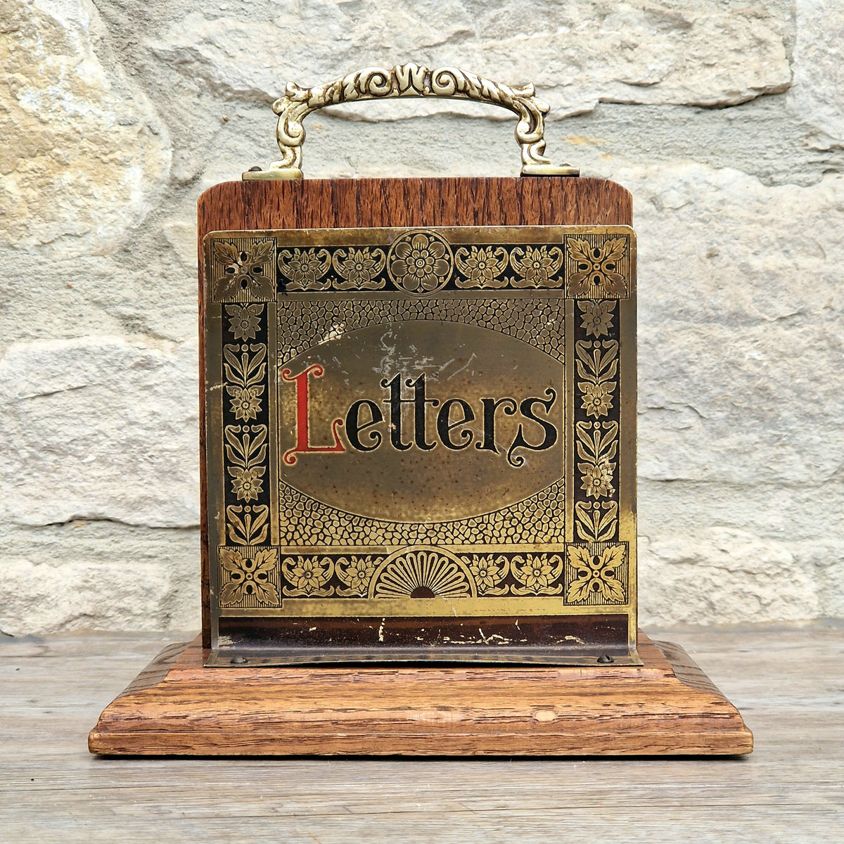 Antique Arts & Crafts Brass And Quarter Sawn Oak Gentleman's Handled Double Letter Rack Stand