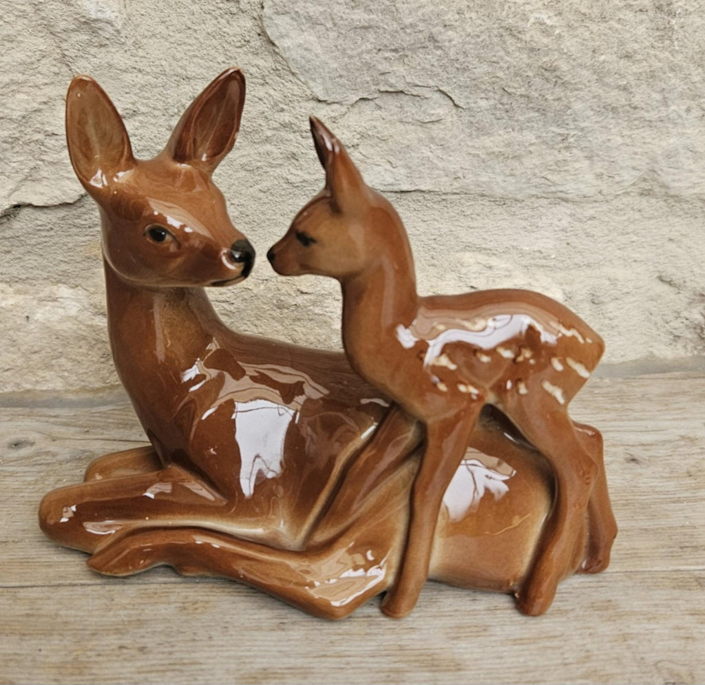 Bambi Doe and Fawn Porcelain Ornament Figurine Mid Century Deer Ornament Collectible Woodland Decor