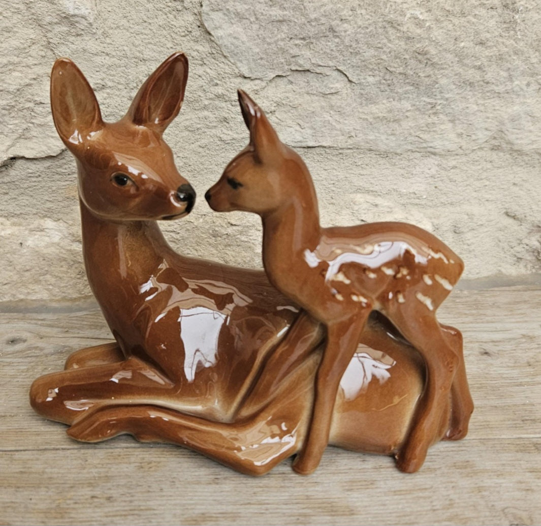 Bambi Doe and Fawn Porcelain Ornament Figurine Mid Century Deer Ornament Collectible Woodland Decor