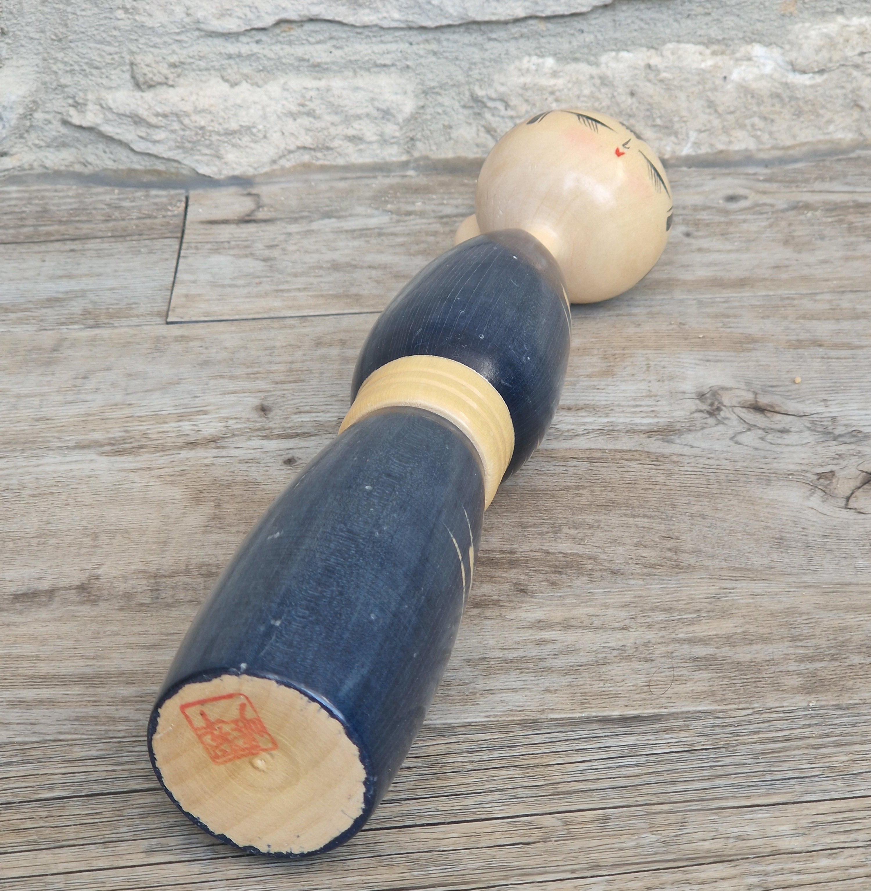 Vintage Japanese Sosaku Kokeshi Doll by Sato Suigai Signed Semishigure Blue Wooden Folk Art 25cm