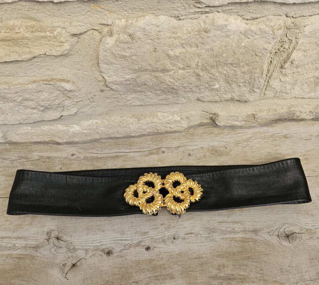 1980s Soft Black Leather Belt with Gold Metal Buckle 31" Long