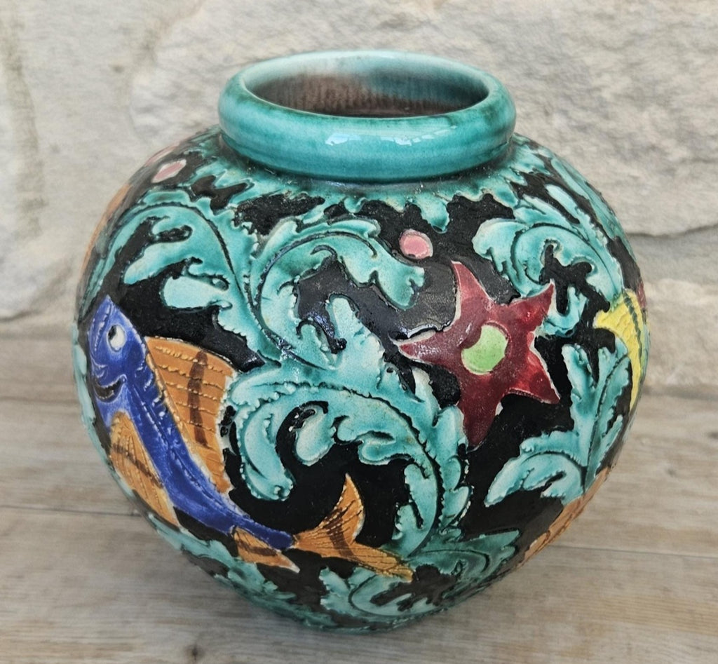 Midcentury Fish Art Vase Colourful Cerart Monaco Marine Decor 12cm Tall