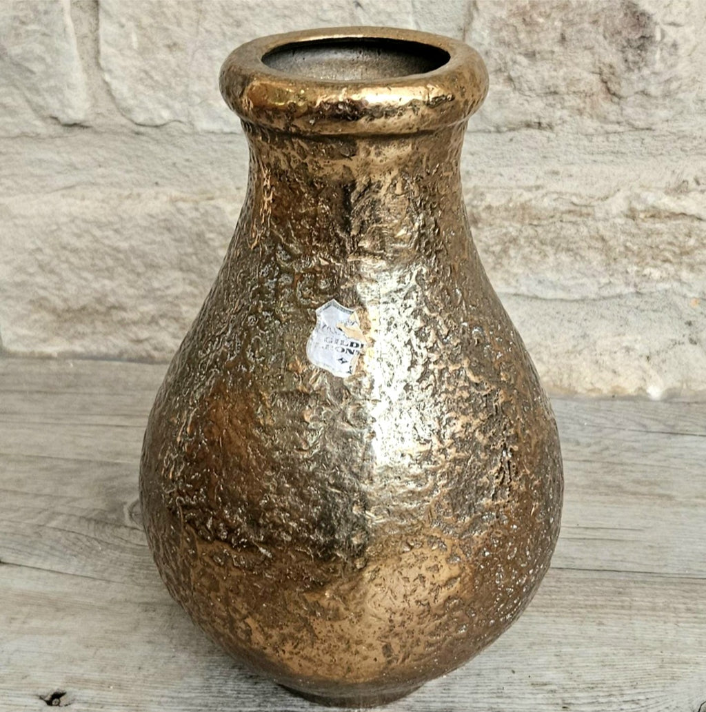 Vintage Large Gilded Bronze Vase with Handle Very Heavy 23cm Tall .Mid Century Bronze Ornate Vase Original Sticker Weighs nearly 3kg