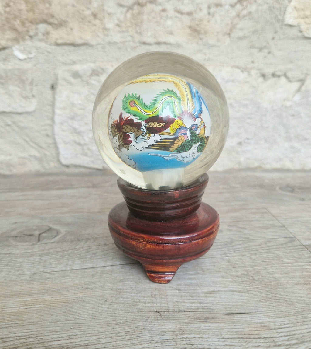 Vintage Chinese Reverse Painted Dragon & Pheonix Crystal Glass Ball Mounted Plinth