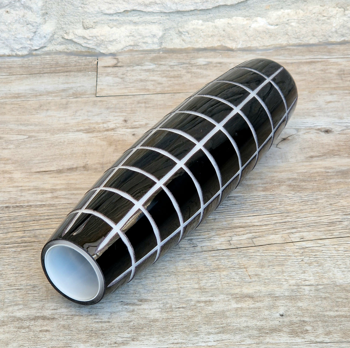 Mid-Century Modern Black & White Cased Cameo Art Glass Tall Geometric Grid Vase