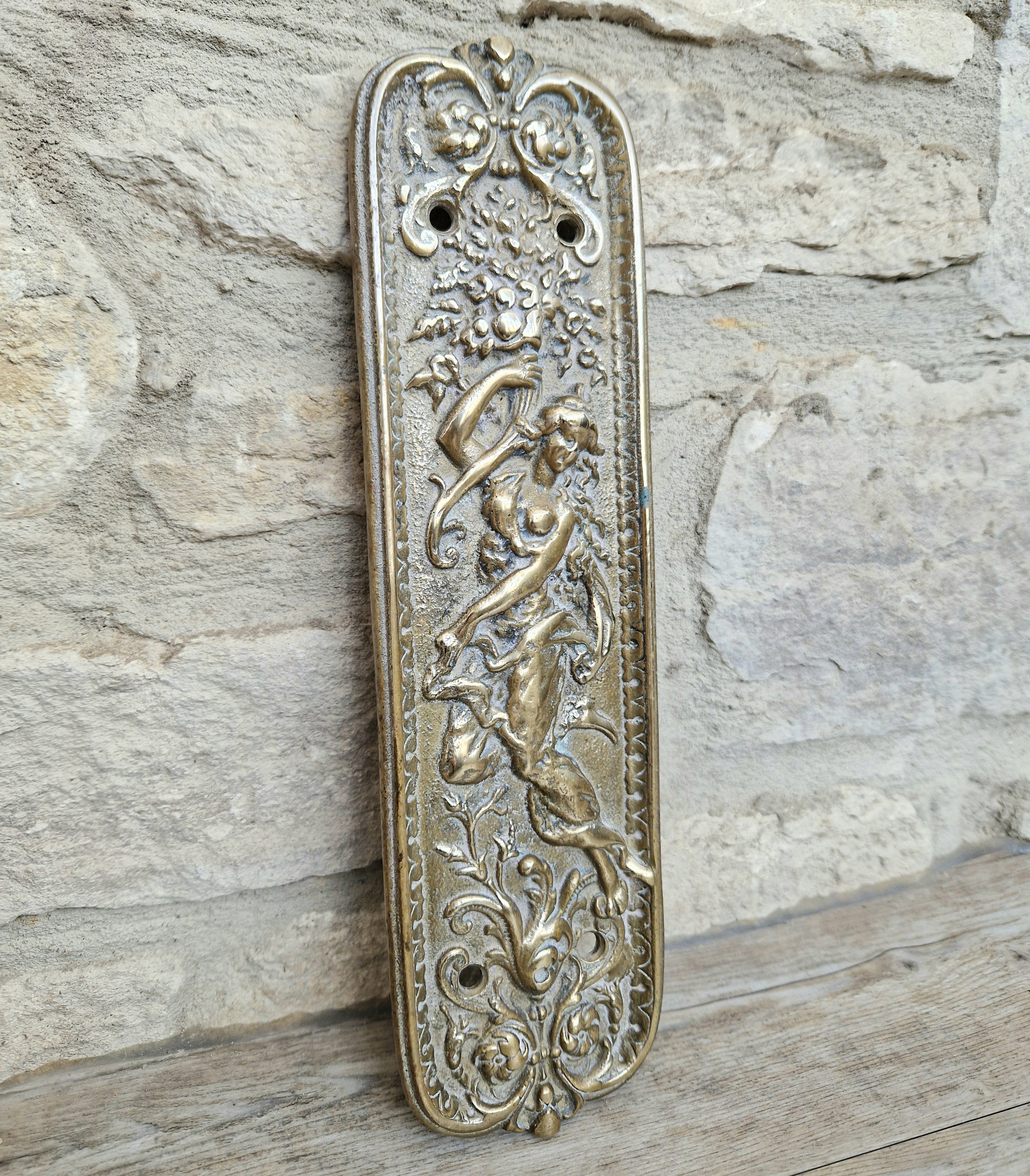 Cast Brass Art Nouveau Figural Relief Large Door Push Finger Plate Antique