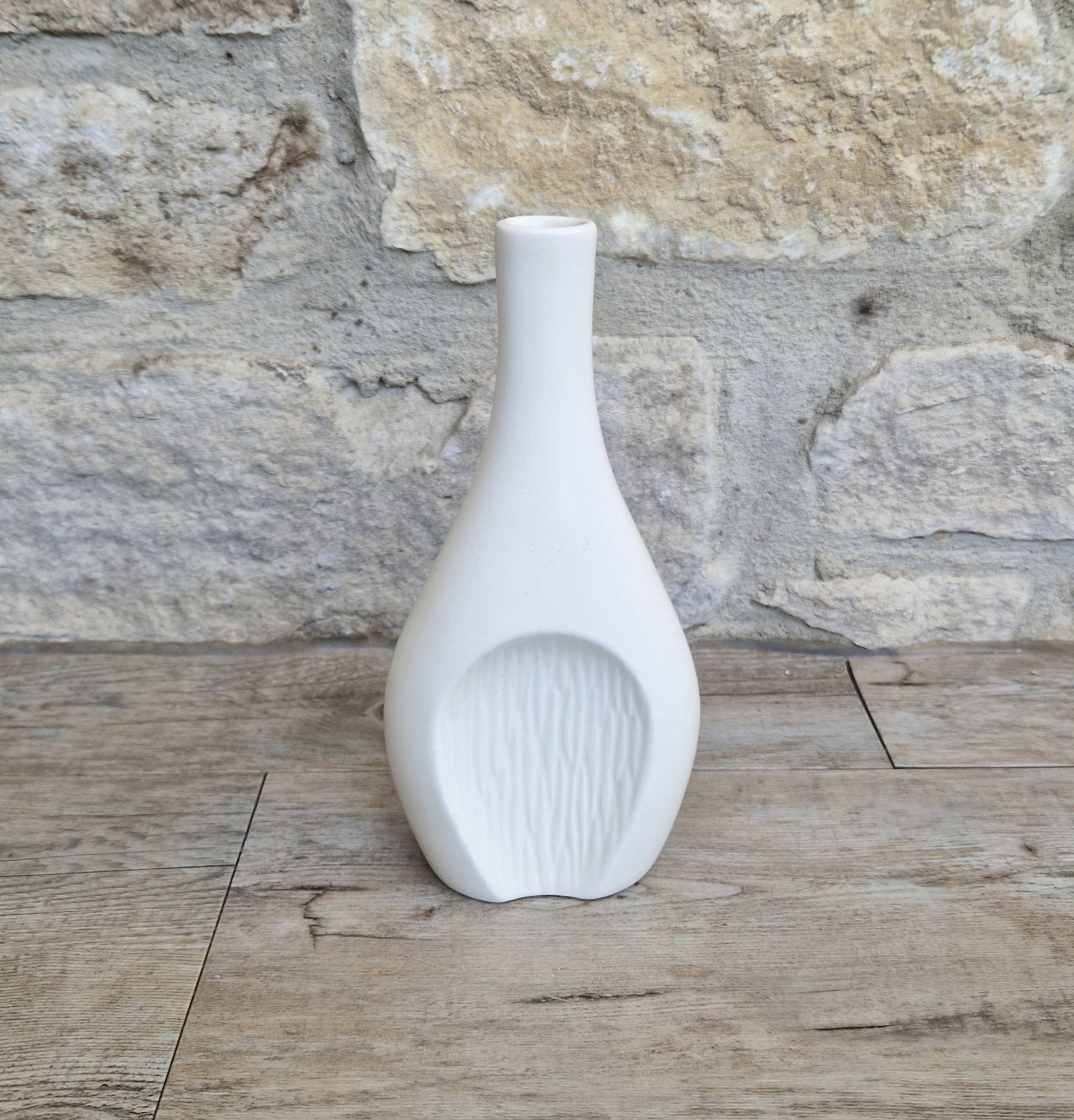 Fulham Pottery White Vase Satin Glaze Textured Cut Away Design Stem Vase Vintage