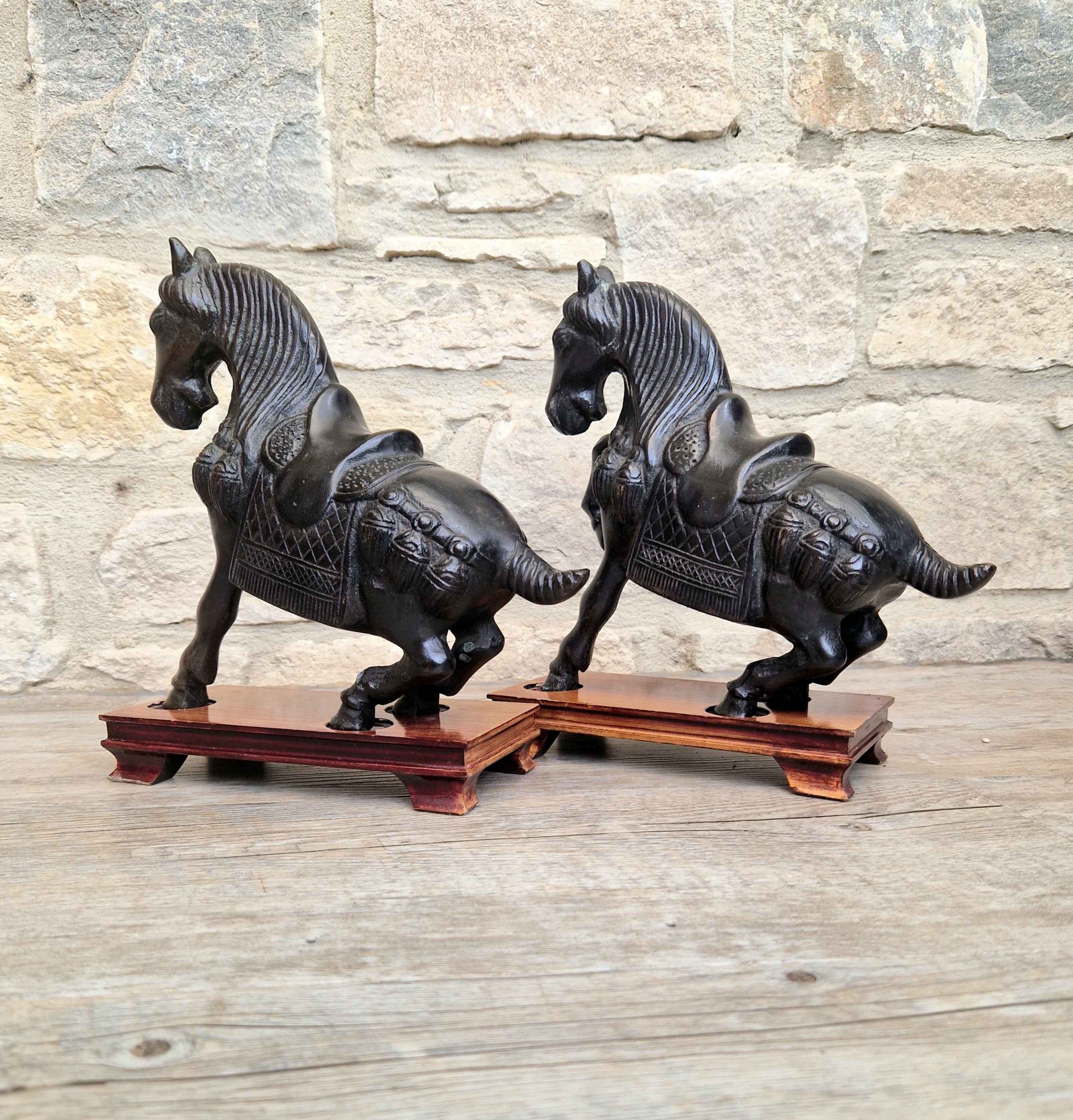 Fine Pair of Vintage Heavy Cast Bronze Tang-Style Chinese Horse Sculptures On Wooden Plinths