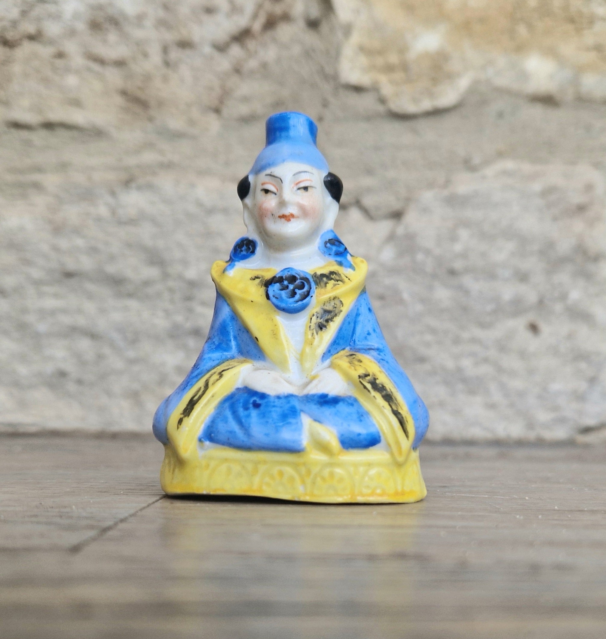 Antique Sitzendorf Ceramic Seated Figure Perfume Bottle - Missing Crown Top