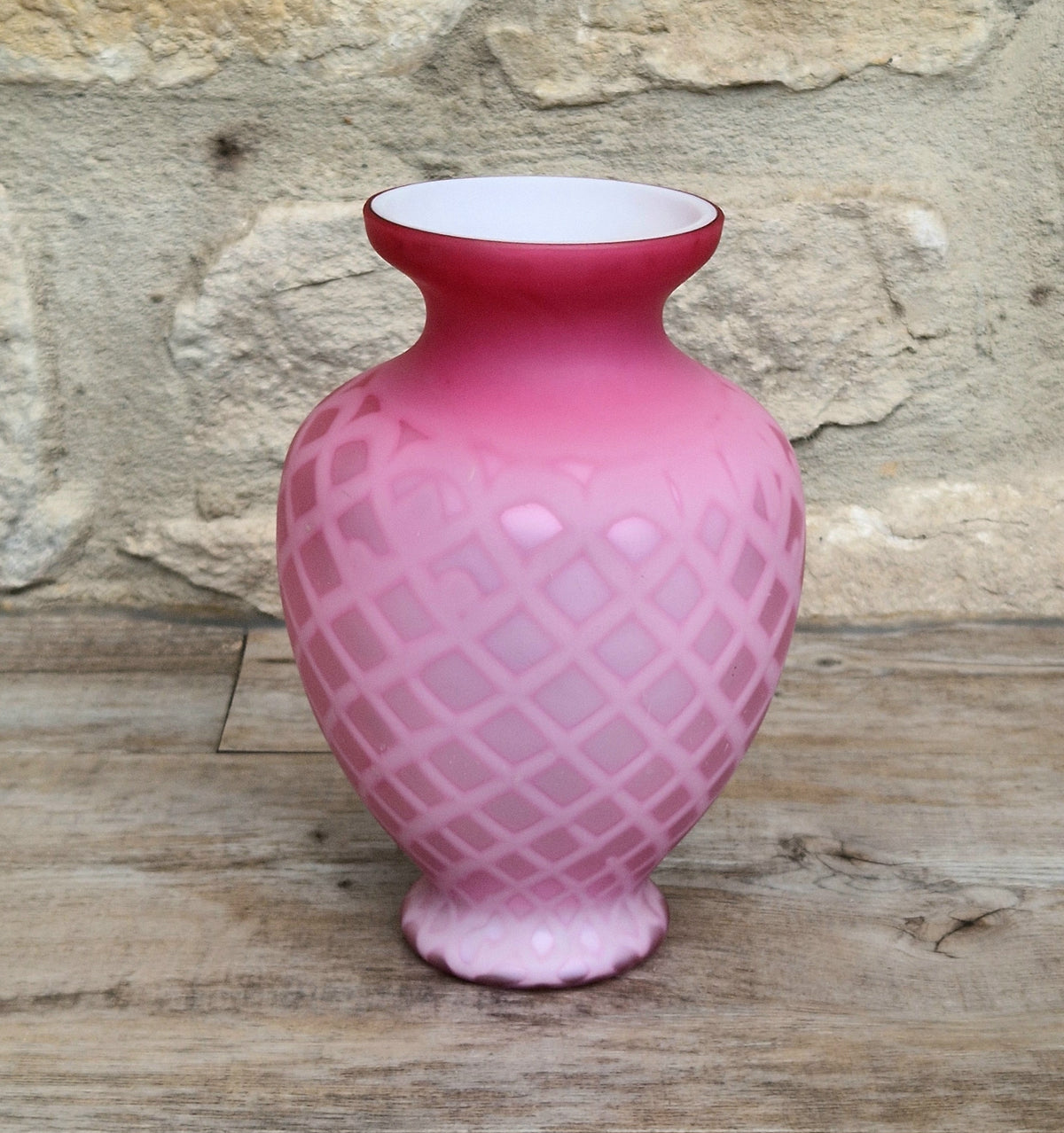 Antique Pink Satin Glass Vase - Victorian Diamond Quilted Mother of Pearl Art Glass - 19th Century Shaded Cranberry Cabinet Vase, Webb Style