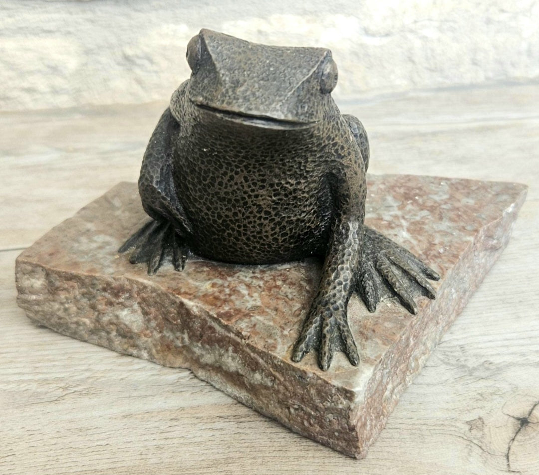 Vintage Metal Toad Figure On Granite Stone Plinth