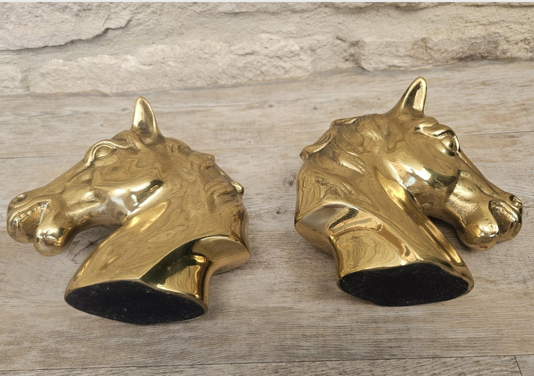Mid Century Brass Horse Head Bookends Pair Hollywood Regency Equestrian Decor Vintage Shelf Accent