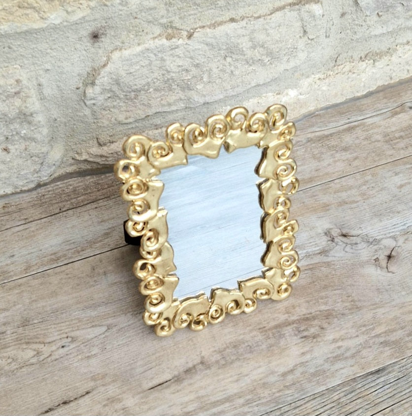 Vintage Ornate Gold Heart Stand Up Mirror, Metal Frame Vanity Decor, Avant Garde 16x12cm