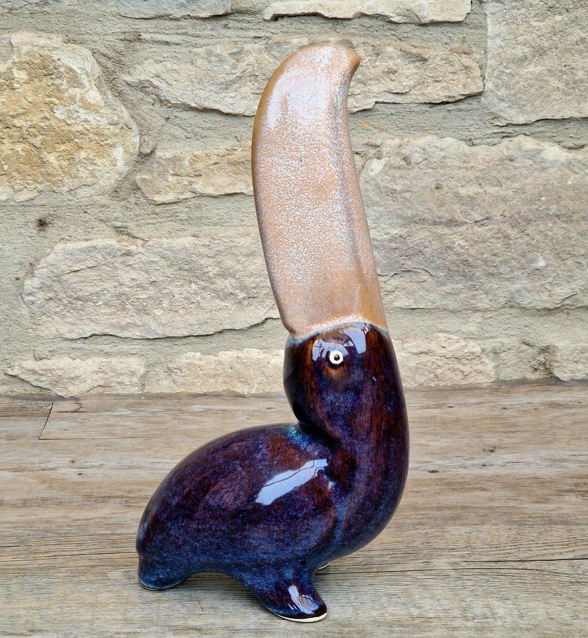 Rare 27cm Vintage Mid Century Ceramic Toucan Sculpture Mottled Treacle Blue Purple Art Pottery Bird