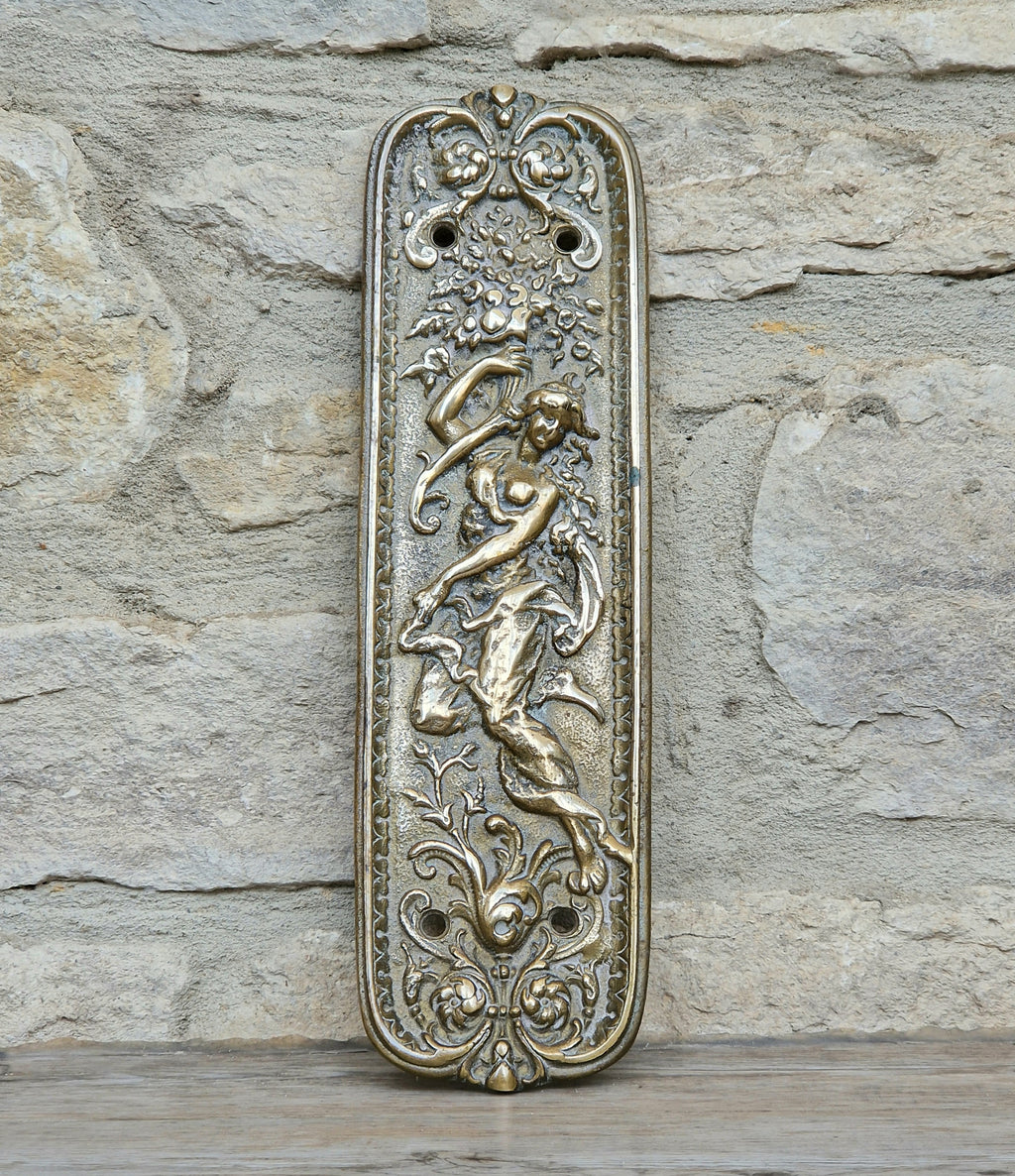 Cast Brass Art Nouveau Figural Relief Large Door Push Finger Plate Antique