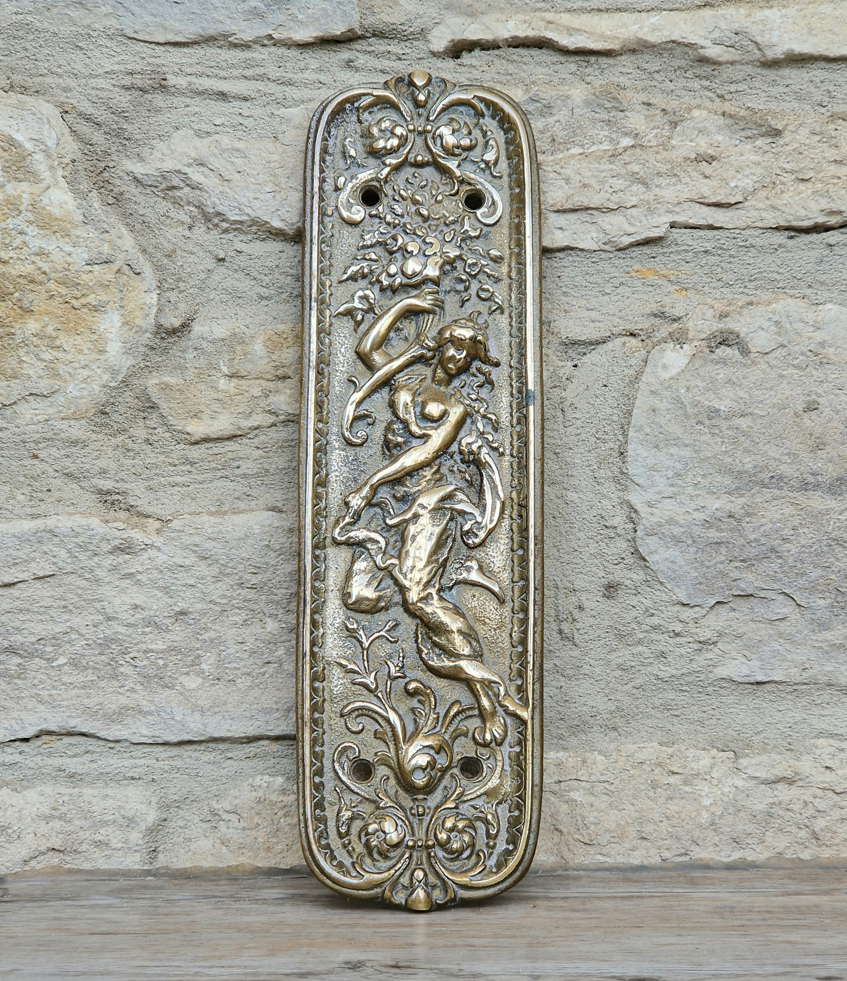 Cast Brass Art Nouveau Figural Relief Large Door Push Finger Plate Antique