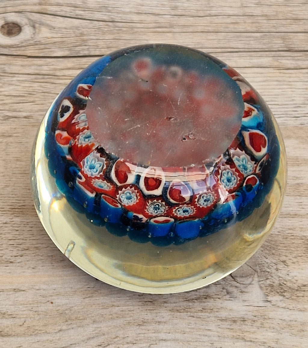 Vintage Murano Red and Blue Glass Hearts & Clubs Millifiore Round Paperweight