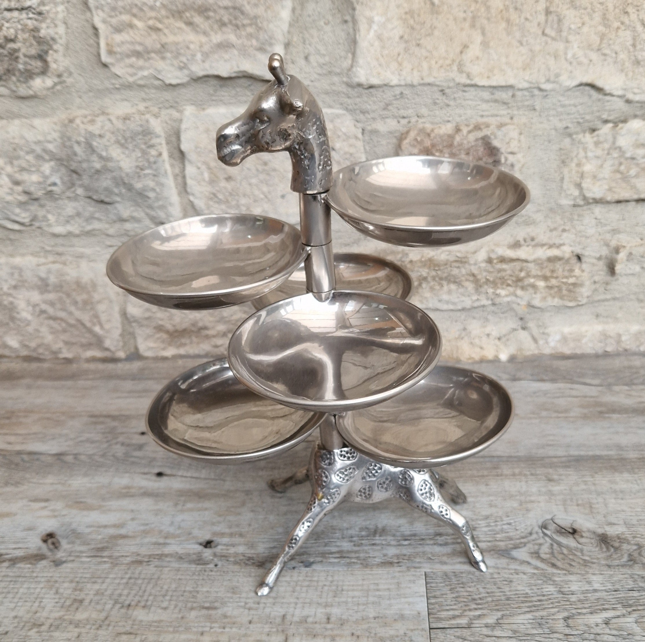 Vintage Midcentury 1960's Chrome Brass Novelty Giraffe 6 Dish h'orderves Serving Tray Stand