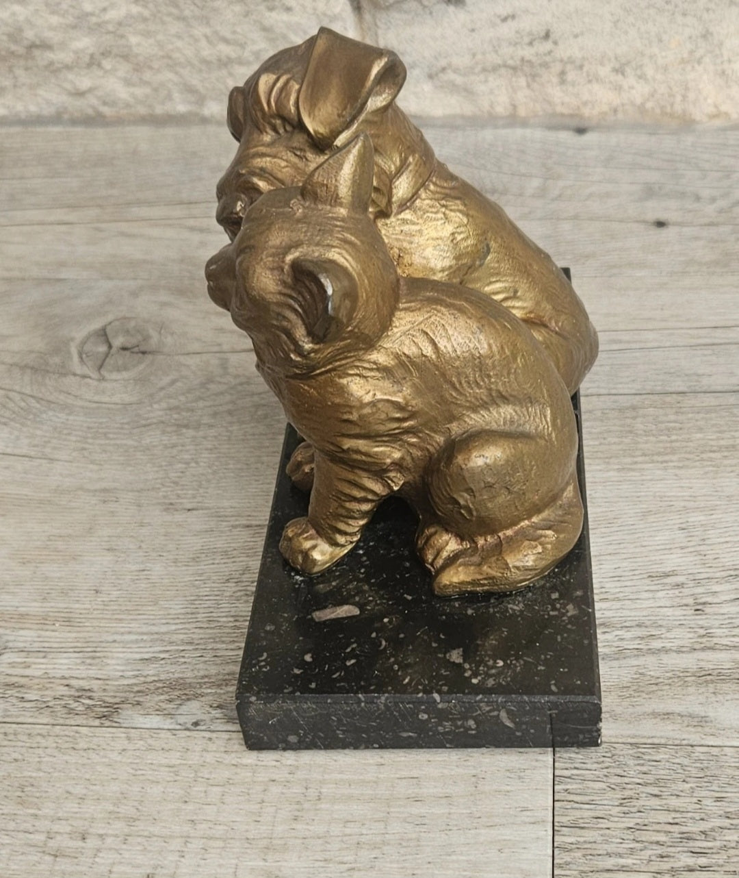 Antique Art Deco Spelter Cat and Dog Figurine on Black Marble Base 16cm X 8cm