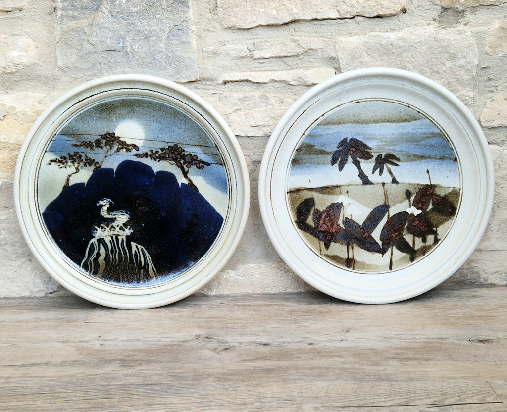 Ian Pirie Studio Pottery Diptych Wall Plaques Night & Day Vintage Scottish Ceramic Landscape Chargers