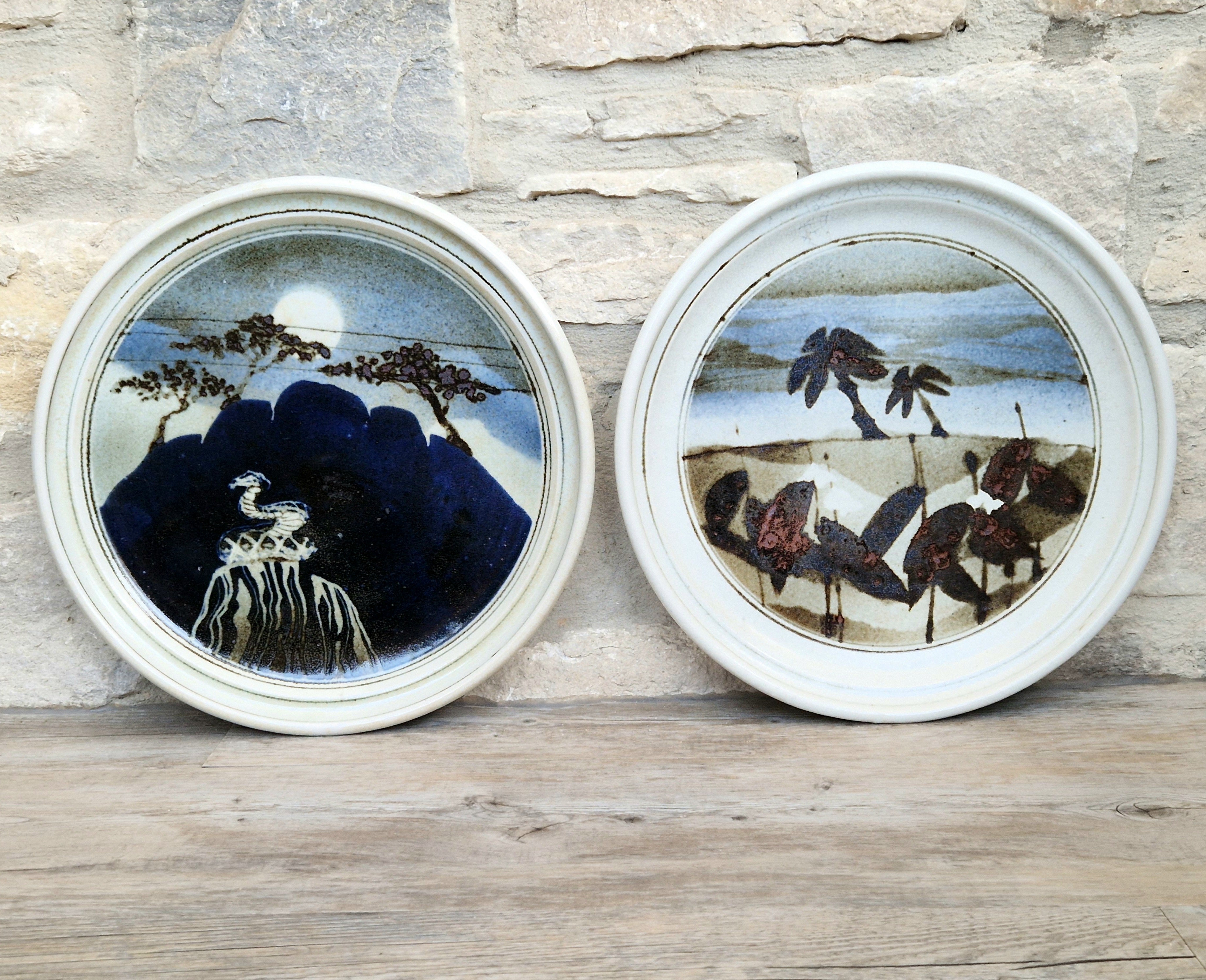Ian Pirie Studio Pottery Diptych Wall Plaques Night & Day Vintage Scottish Ceramic Landscape Chargers