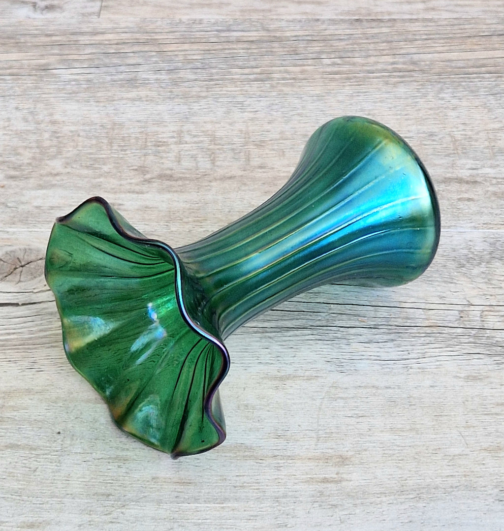 Antique Loetz Art Nouveau Creta Glatt Iridescent Green Glass Fluted Vase Polished Pontil c1900