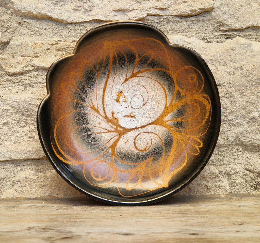 Poole Pottery Aegean "Sweetheart" Fluted Bowl Hand-Painted Stylized Butterfly Motif by Janet Brown Signed 1970s