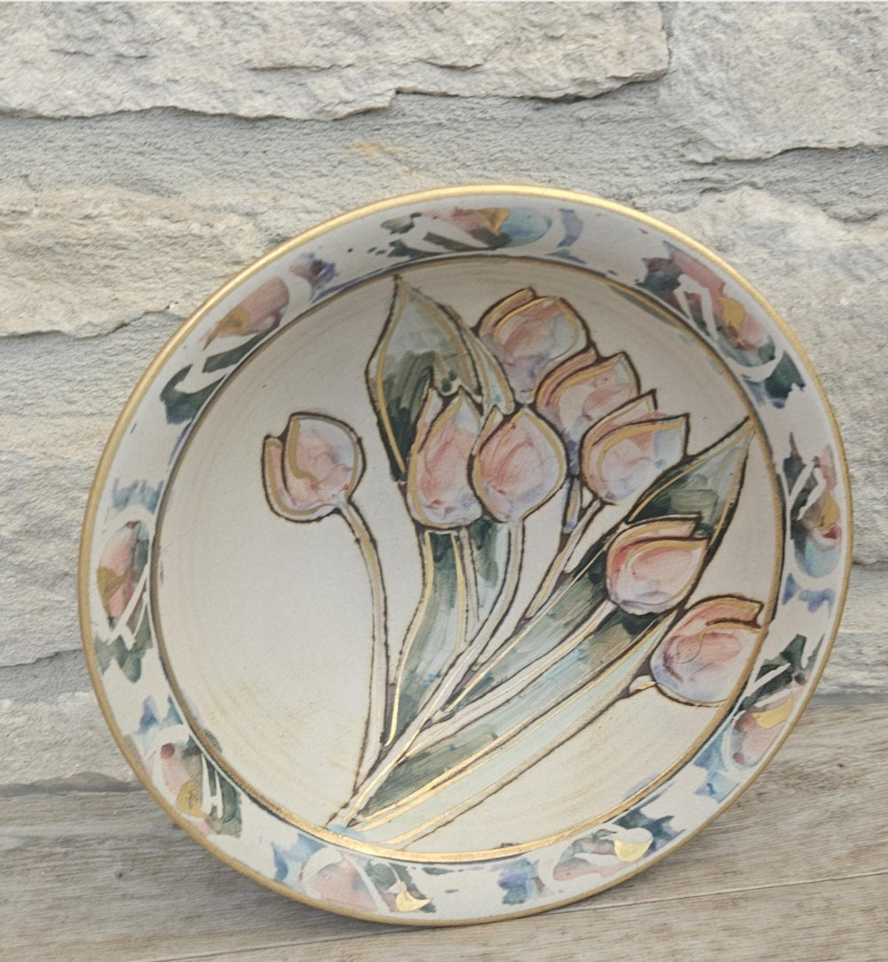 Vintage Tulip Flower Pottery Bowl Decorative Gold Gilt Handmade 21cm Diameter Signed