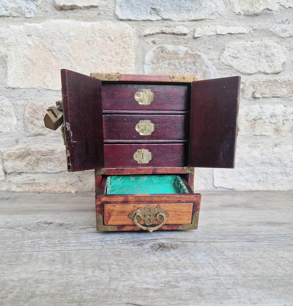 Vintage Hardwood Brass Bound Oriental Hand-Painted Chinoiserie Dragons Footed Jewellery Box Chest 1940s