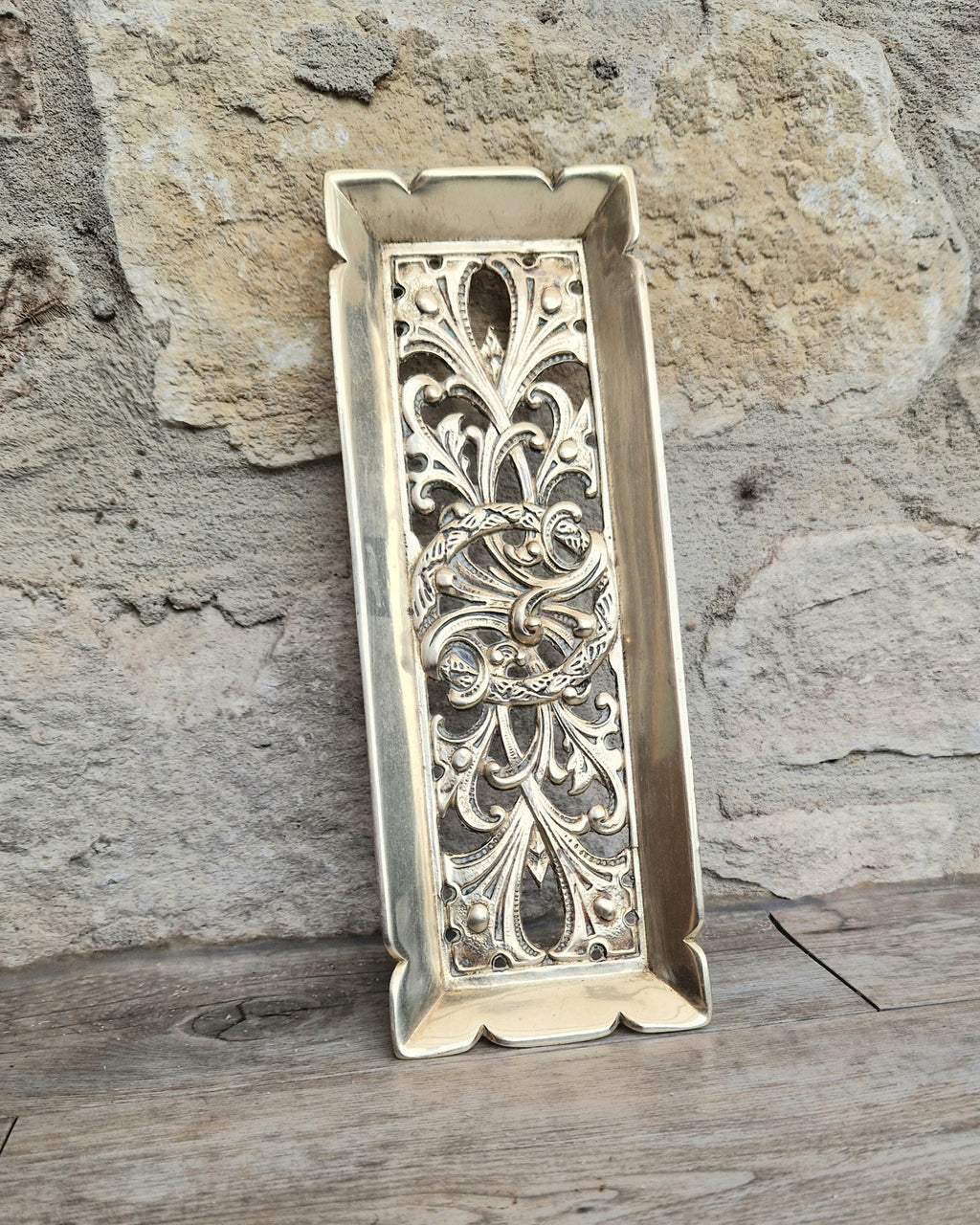 Antique Victorian Cast Brass Art Nouveau Pierced Floral Wreath Footed Pen Tray