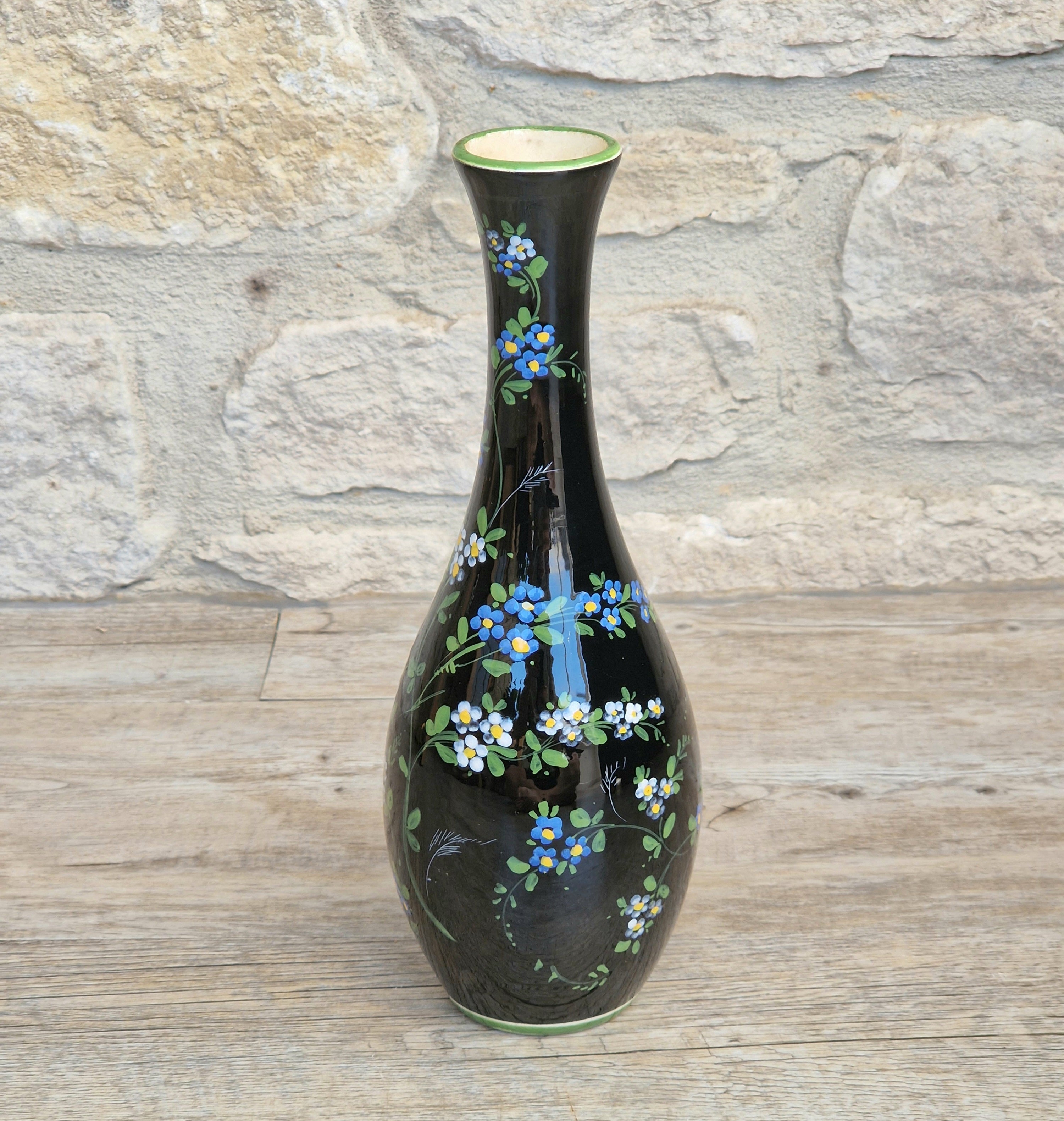 Marmaca San Marino Vase Art Ceramic Black Floral Amphora Tall Bottle Vase 1950's