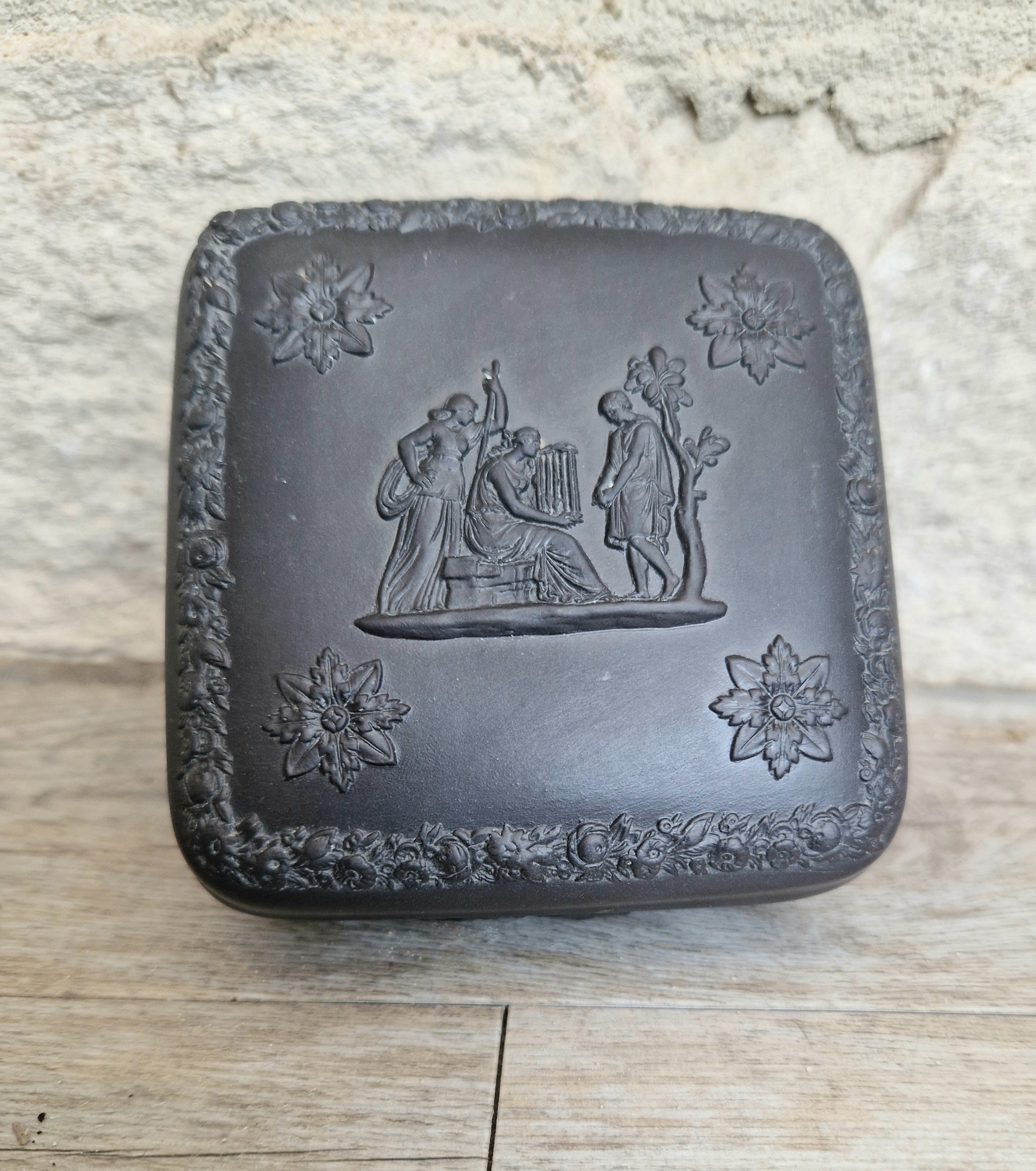 Vintage Wedgwood Black Basalt Neo-Classical Square Trinket Box 1963