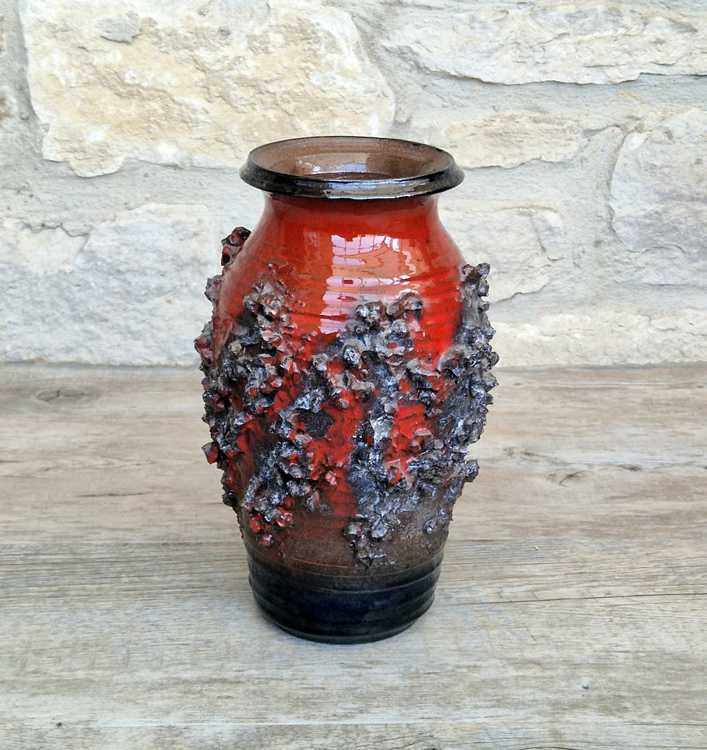 Mid-Century Glit Iceland Lava Pottery Vase Red 23.5cm Volcanic Studio Ceramic