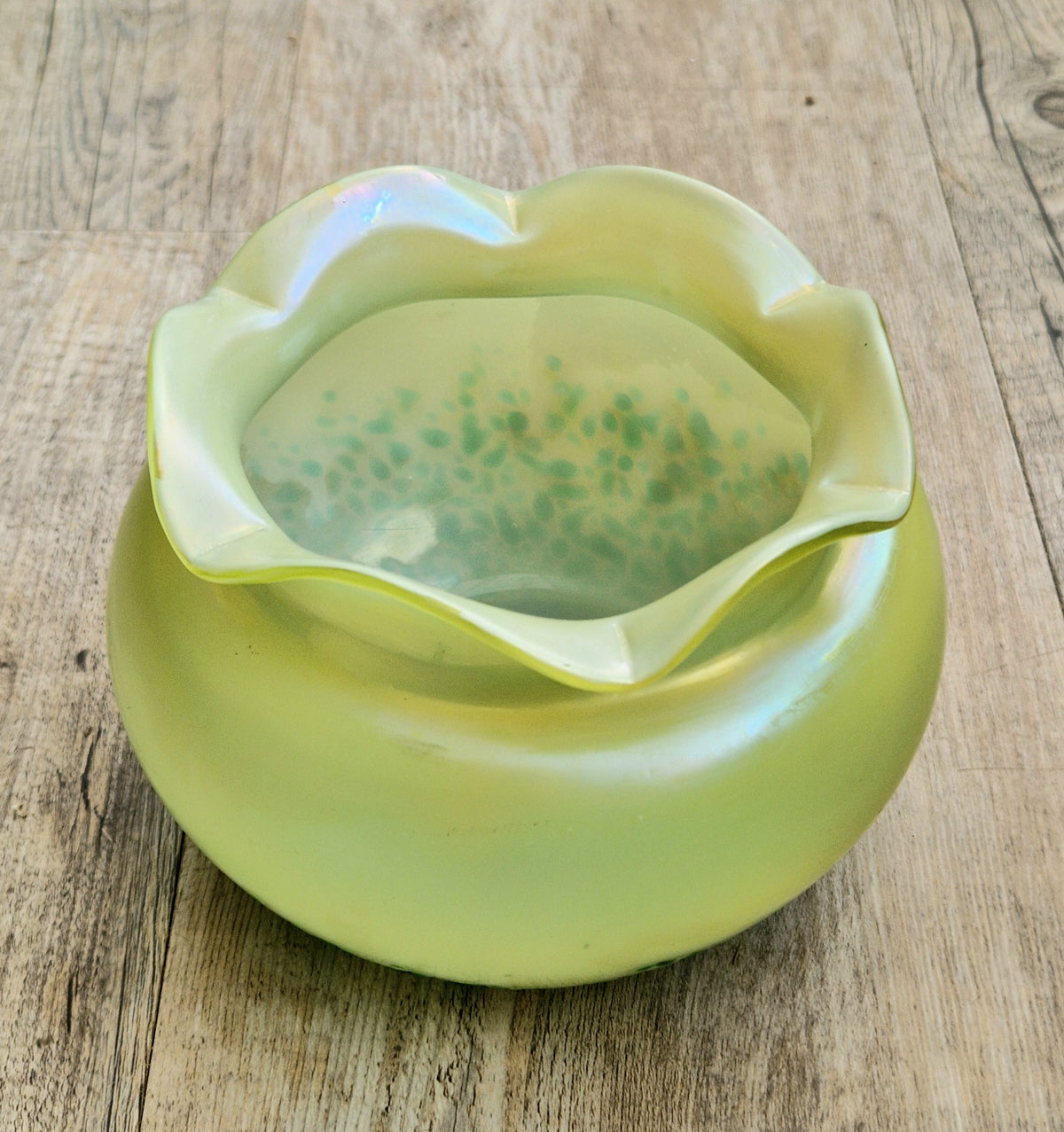 Antique Late 19th Century Bohemian Art Glass Vase, Loetz-Heckert Tradition, Iridescent Yellow Green, Rare Cabinet Vase