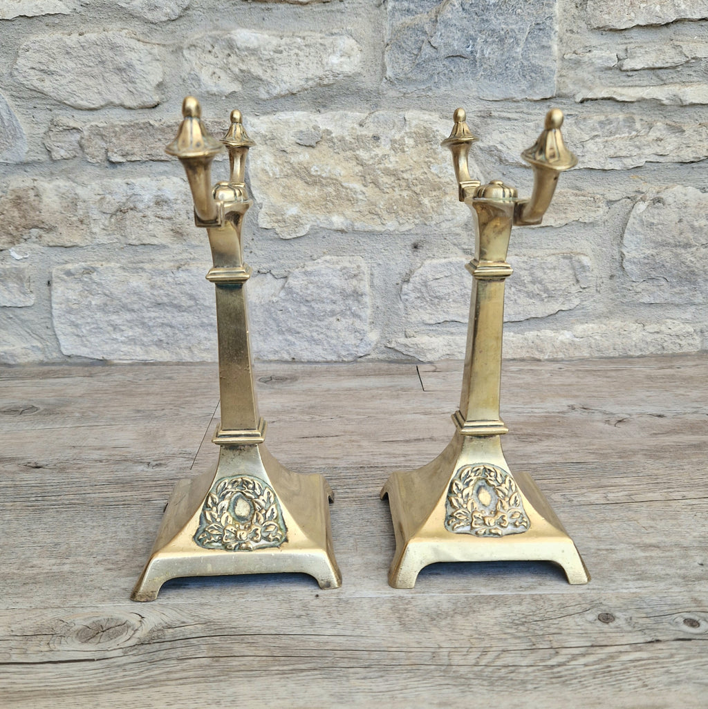 Louis XVI Revival Cast Brass Andirons Fire Dogs Wreath Relief Decoration Pair (c.1870–1900)