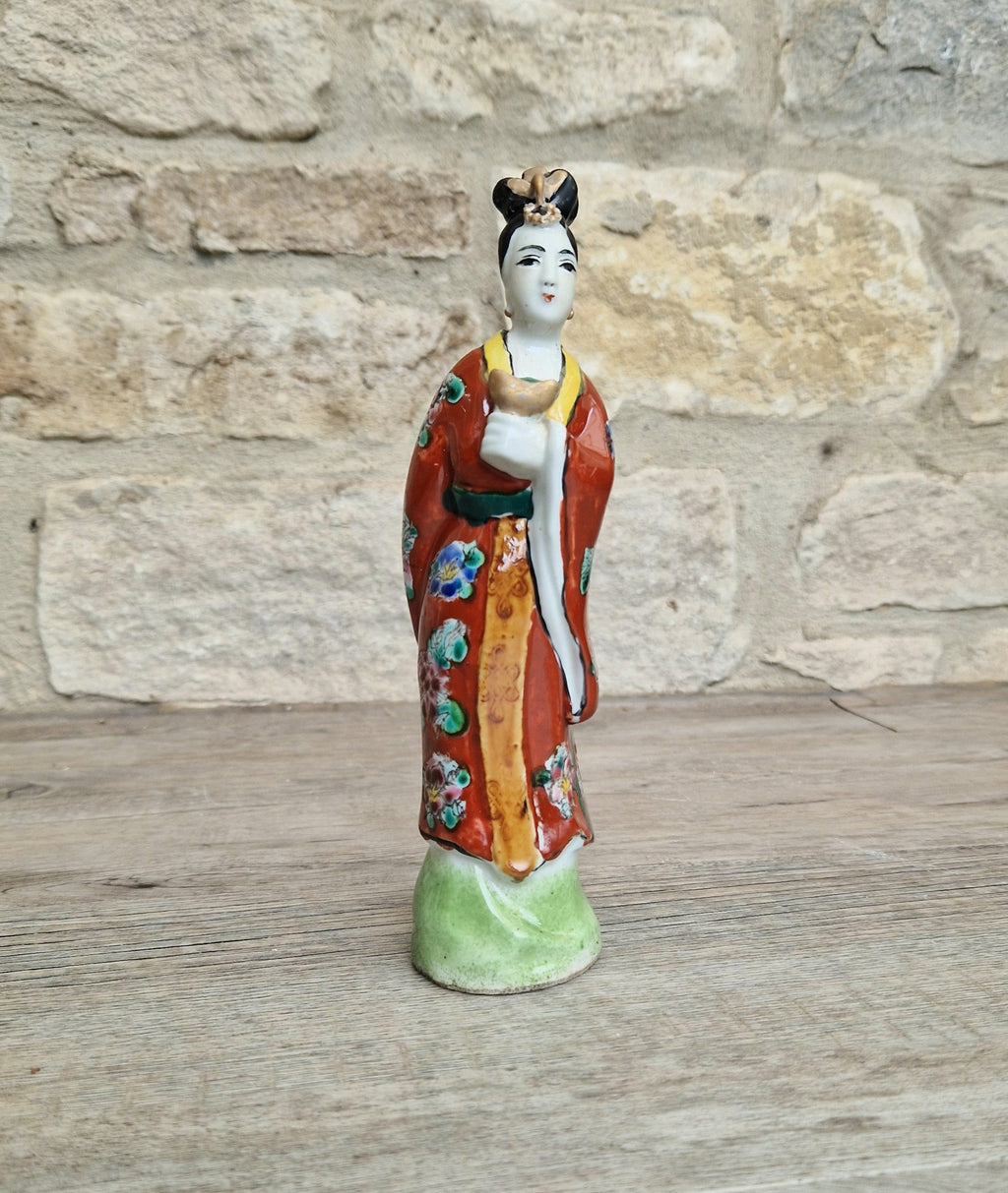 Antique Chinese Qing Hand-Painted Porcelain Figurine Statue Ho Hsien-Ku Daoist Immortal Maiden