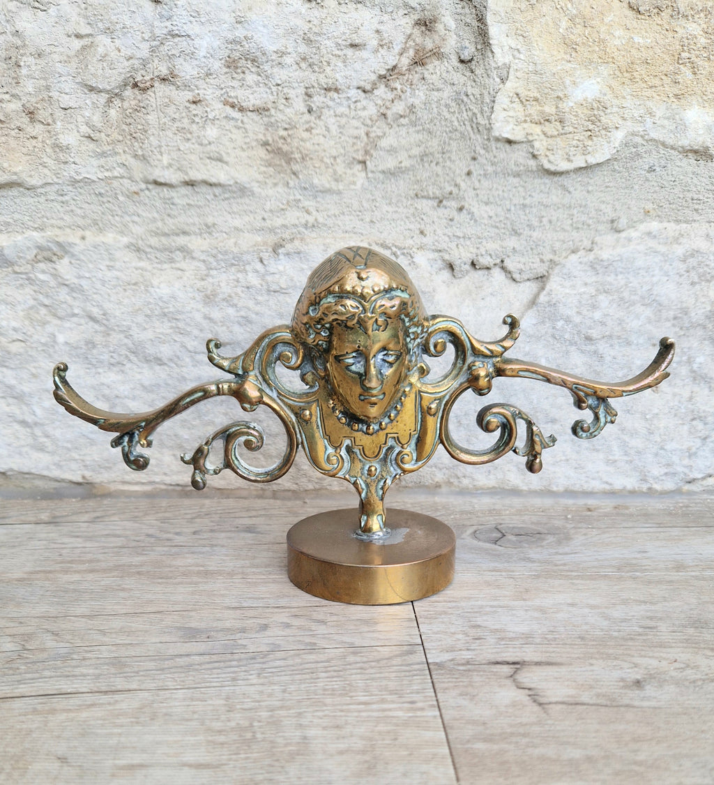 Brass Neo Classical Female Figural Pediment Mounted On Heavy Antique Paperweight