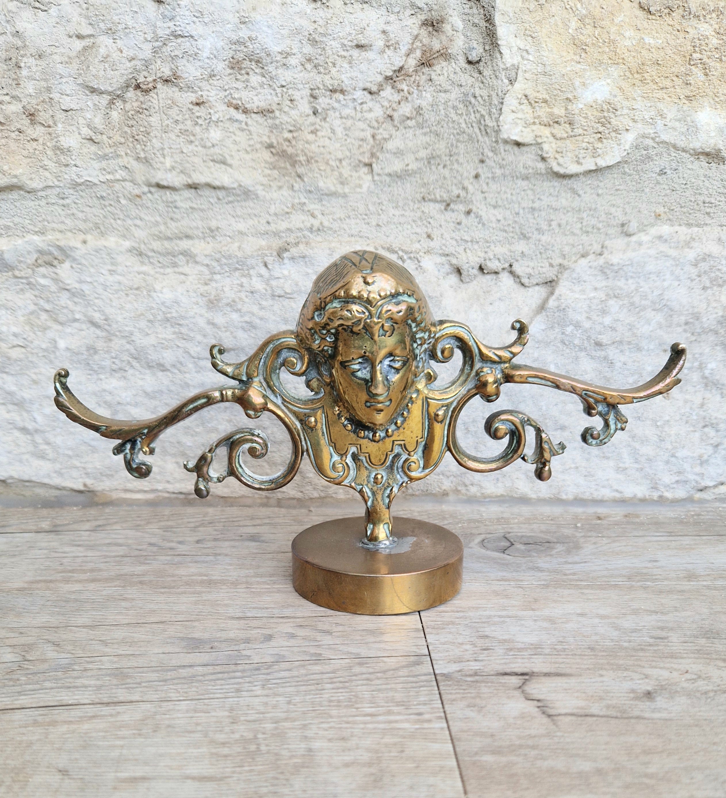 Brass Neo Classical Female Figural Pediment Mounted On Heavy Antique Paperweight