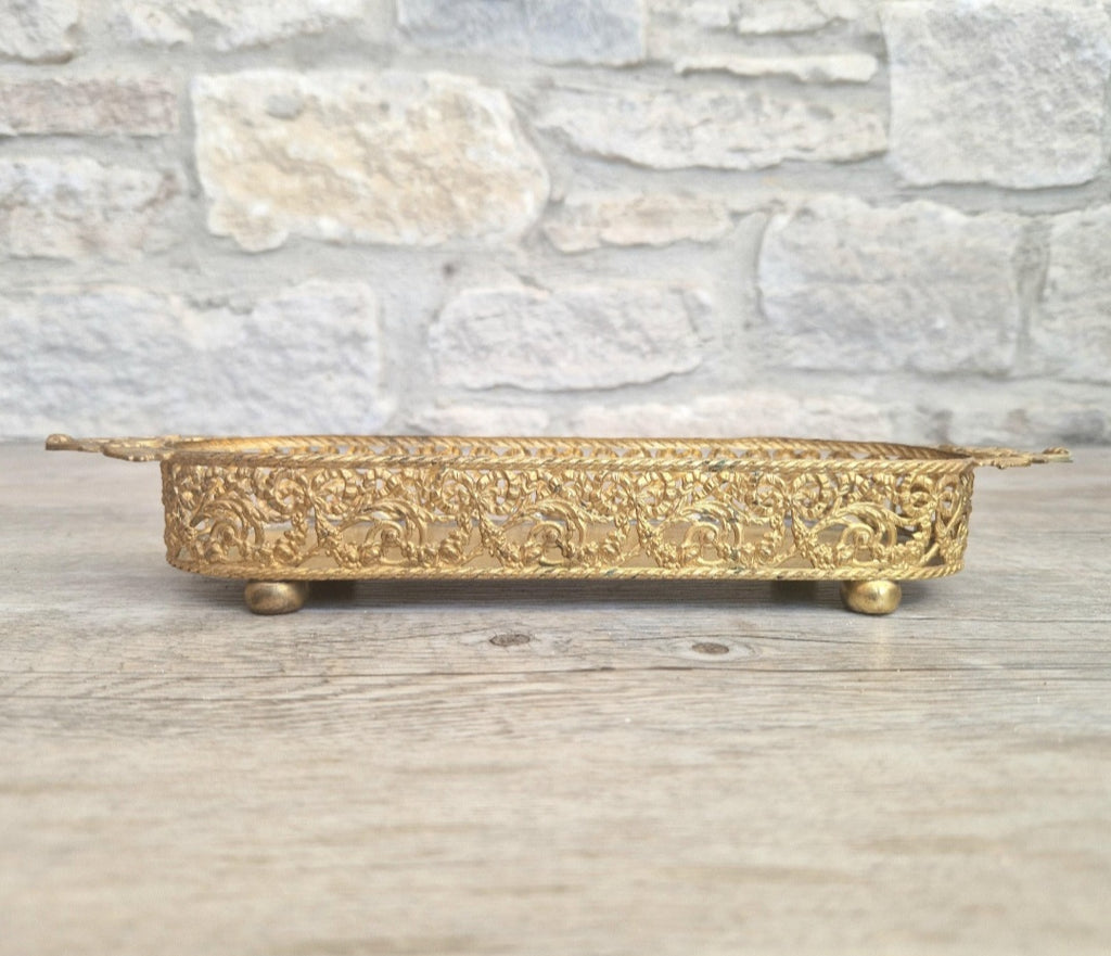 Antique Brass Filligree Rococo Style Desk Pen Tray Holder