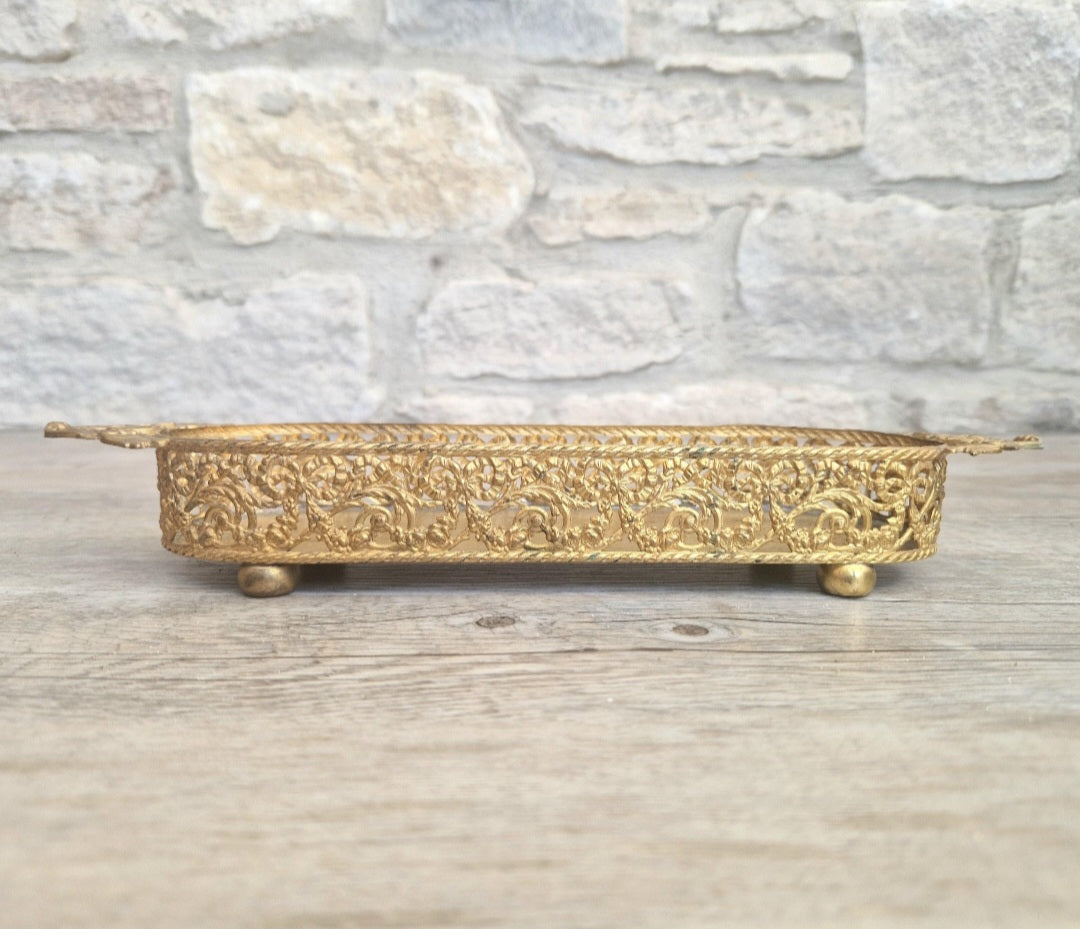 Antique Brass Filligree Rococo Style Desk Pen Tray Holder